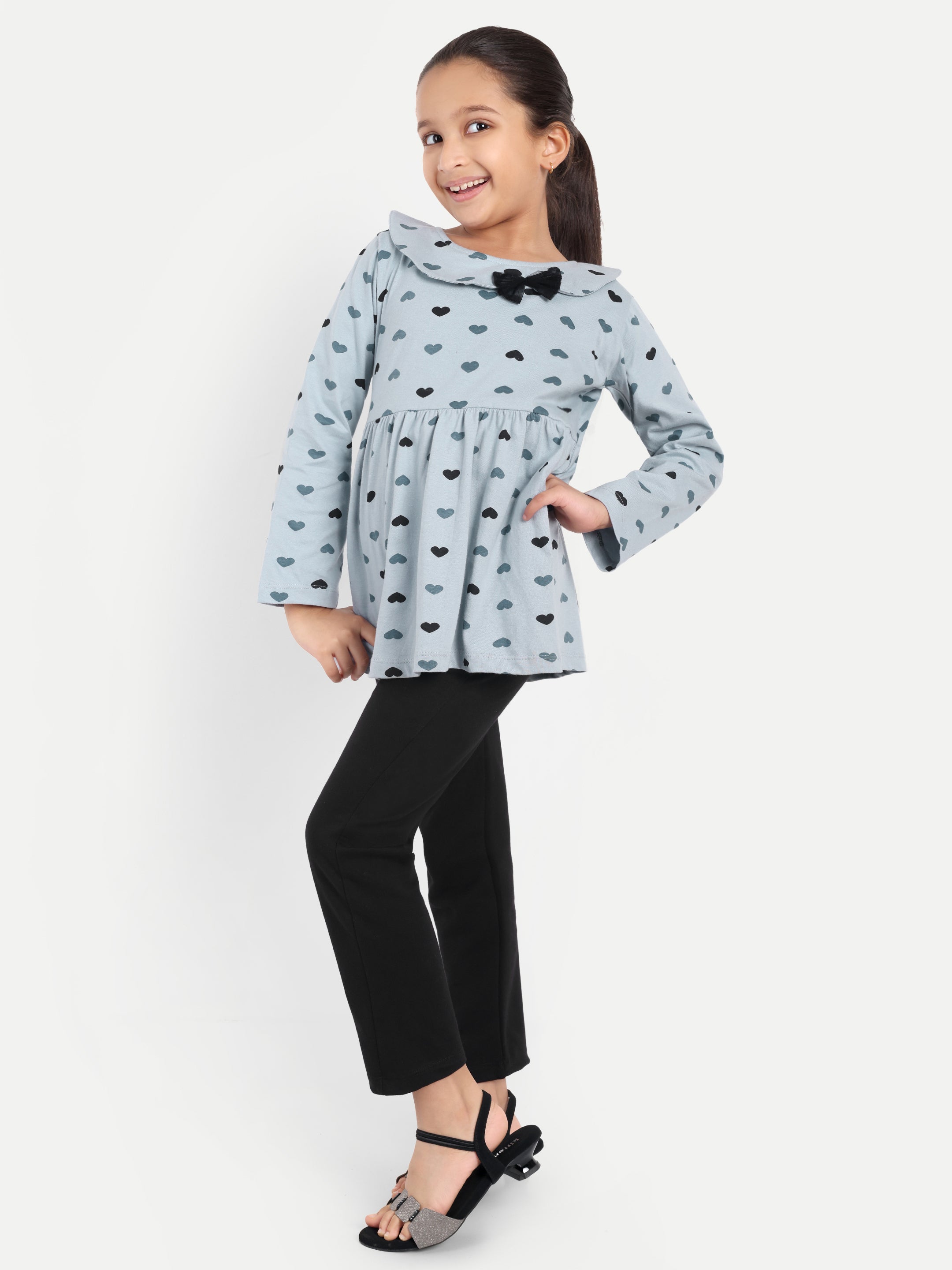 Cotton Knit Full Sleeves Heart Printed Top with Bow and Lounge Pant
