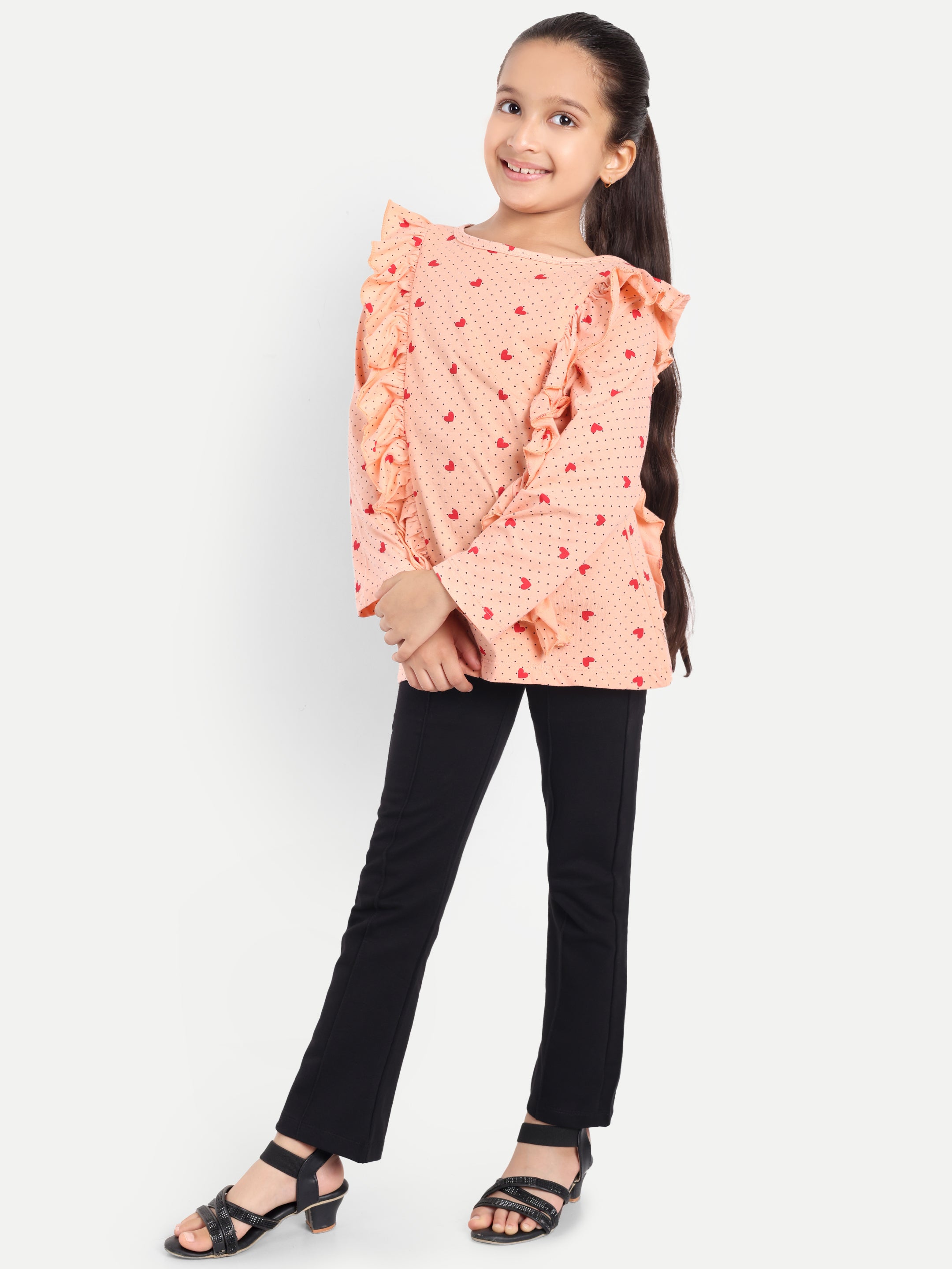Cotton Knit Full Sleeves Hearts Printed Ruffle Top and Lounge Pant