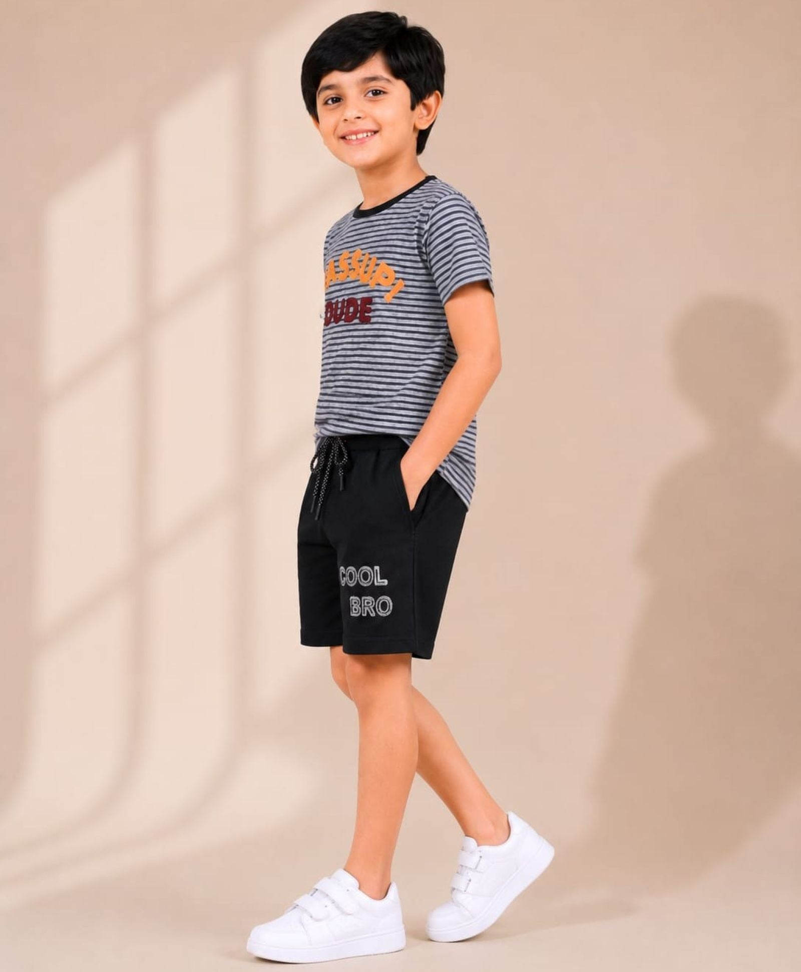 Cotton Knit Lycra Half Sleeves Embroidered Tee and Shorts Set - Grey & Black