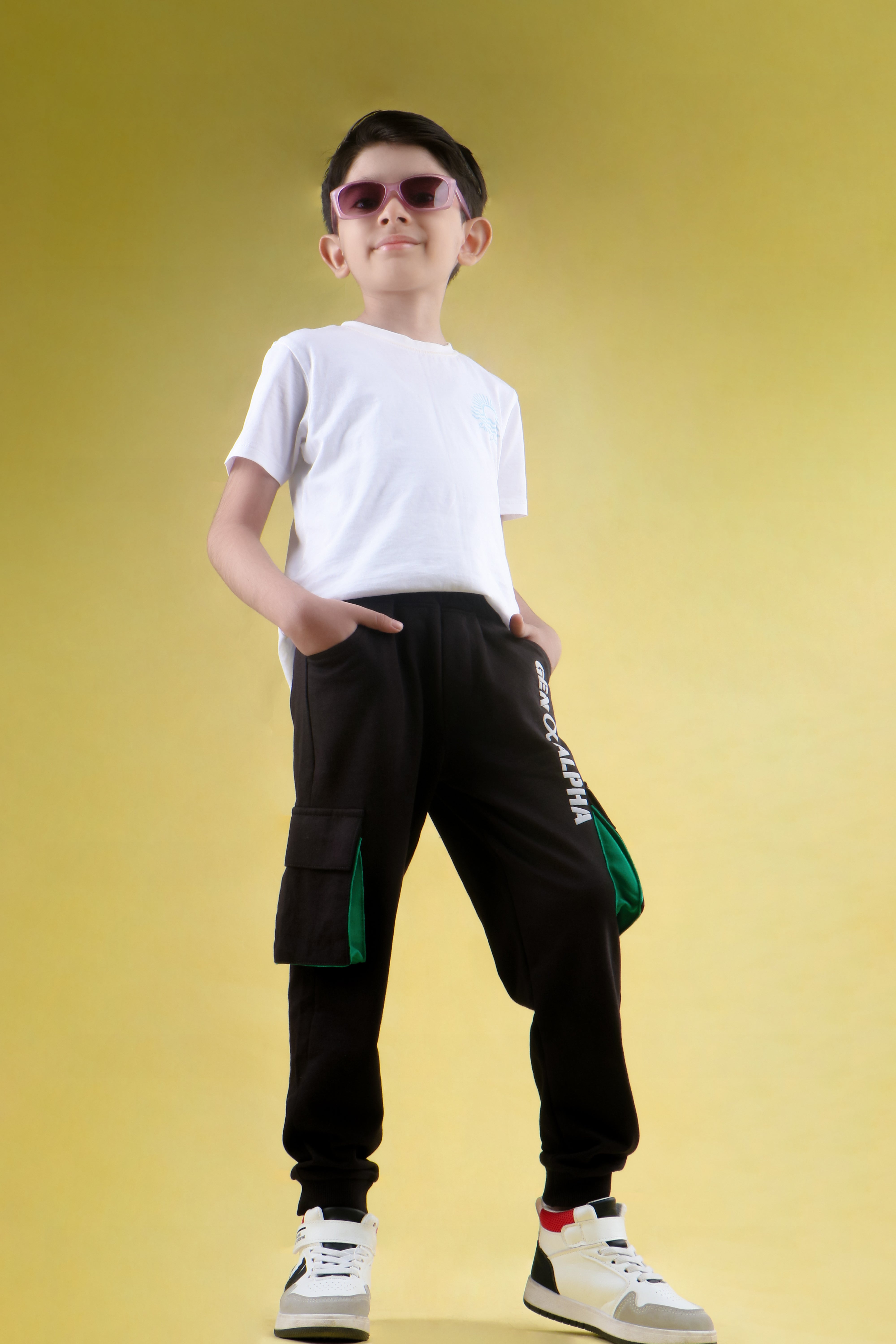 Cotton Looper Full Length Fancy Box Pocketed Gen Alpha Printed Joggers - Black