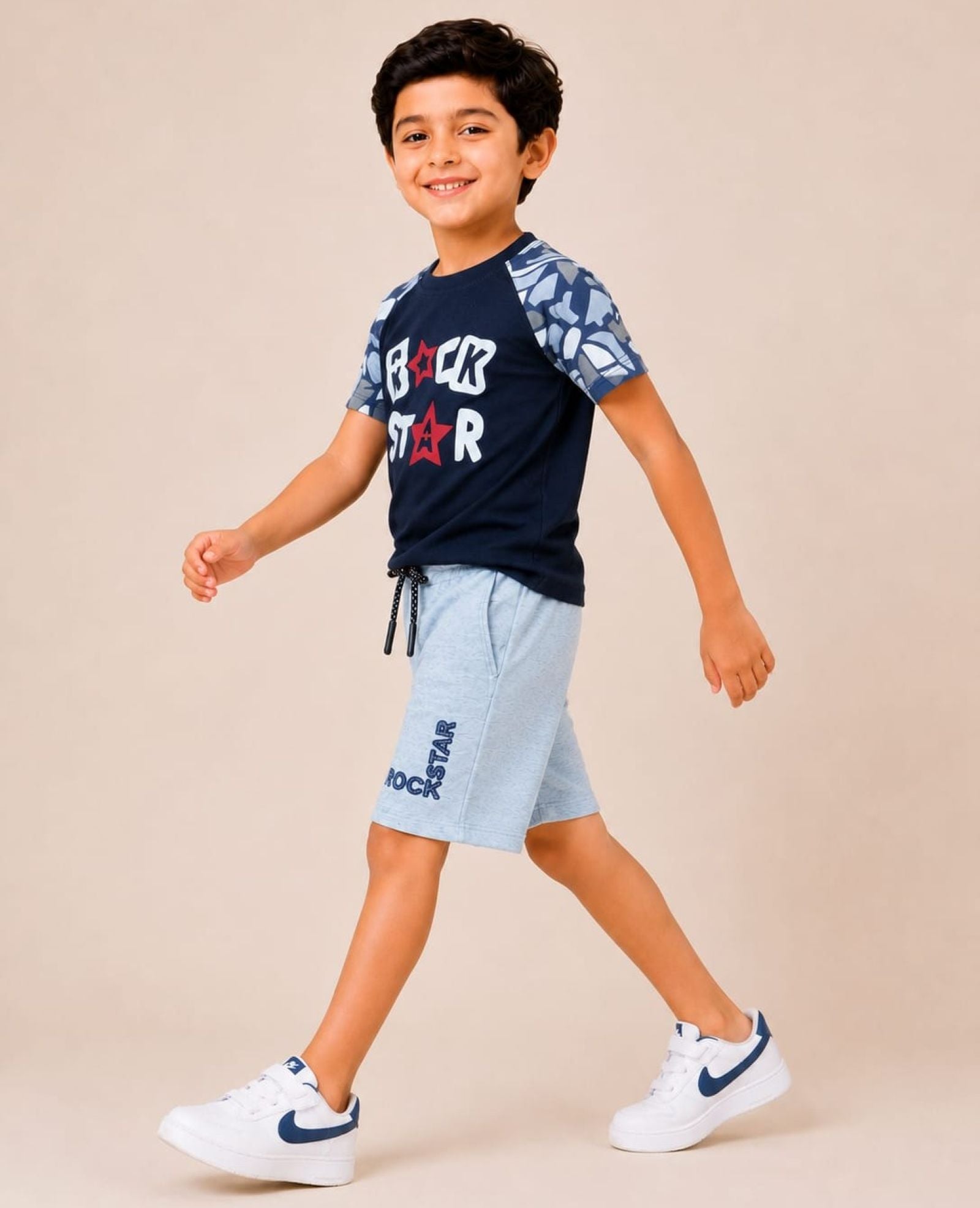 Cotton Knit Lycra Raglan Half Sleeves Printed Tee and Shorts Set - Multicolor & Grey
