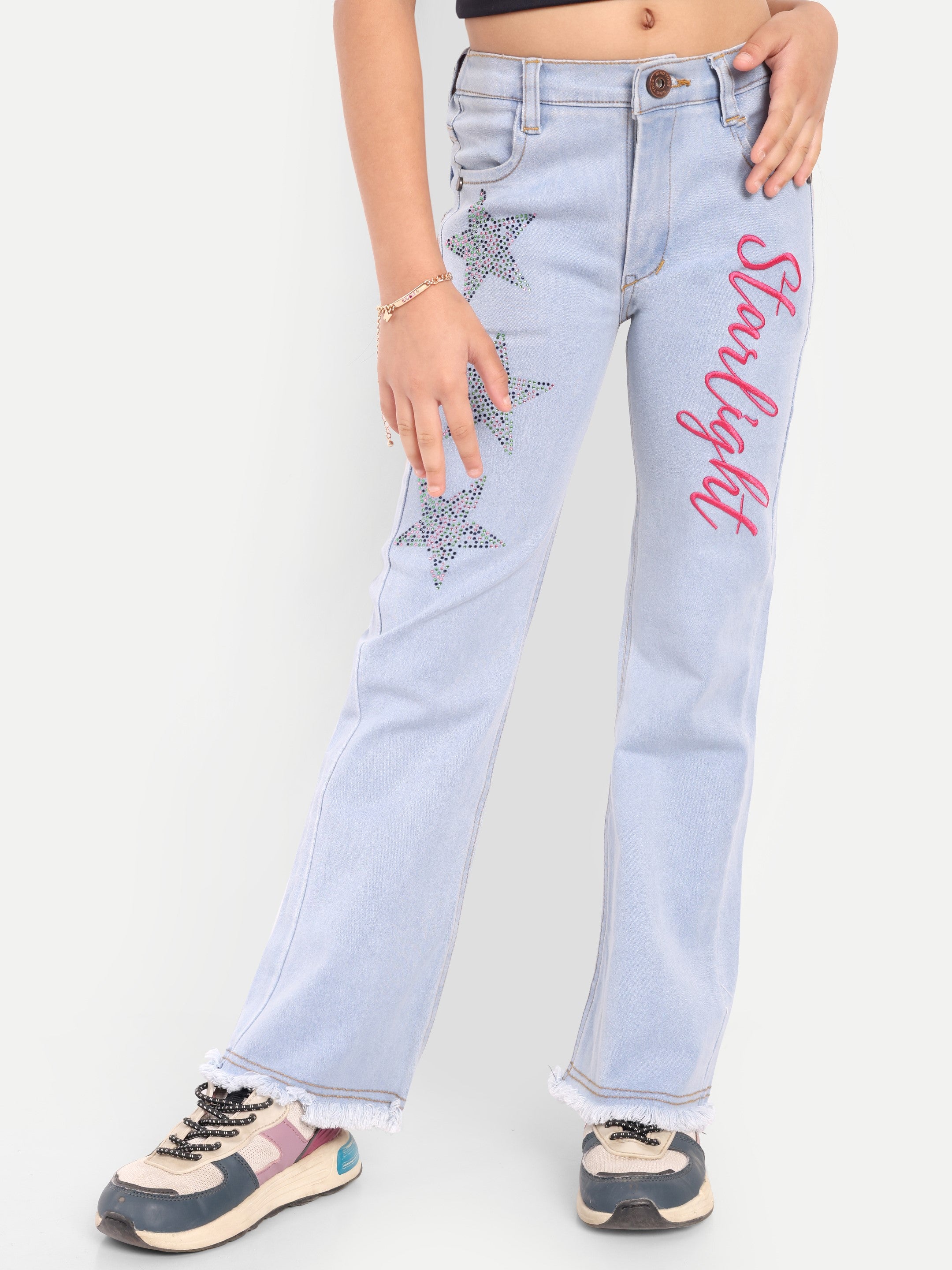Stretchable Flared Jeans with Rhinestone Stars