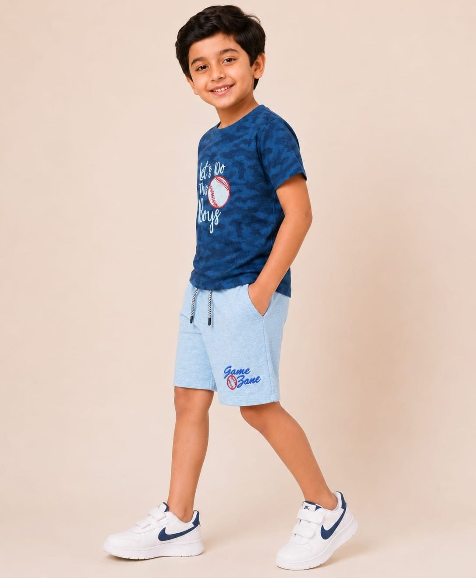 Cotton Knit Lycra Half Sleeves Embroidered Tee and Shorts Set - Navyblue and Grey