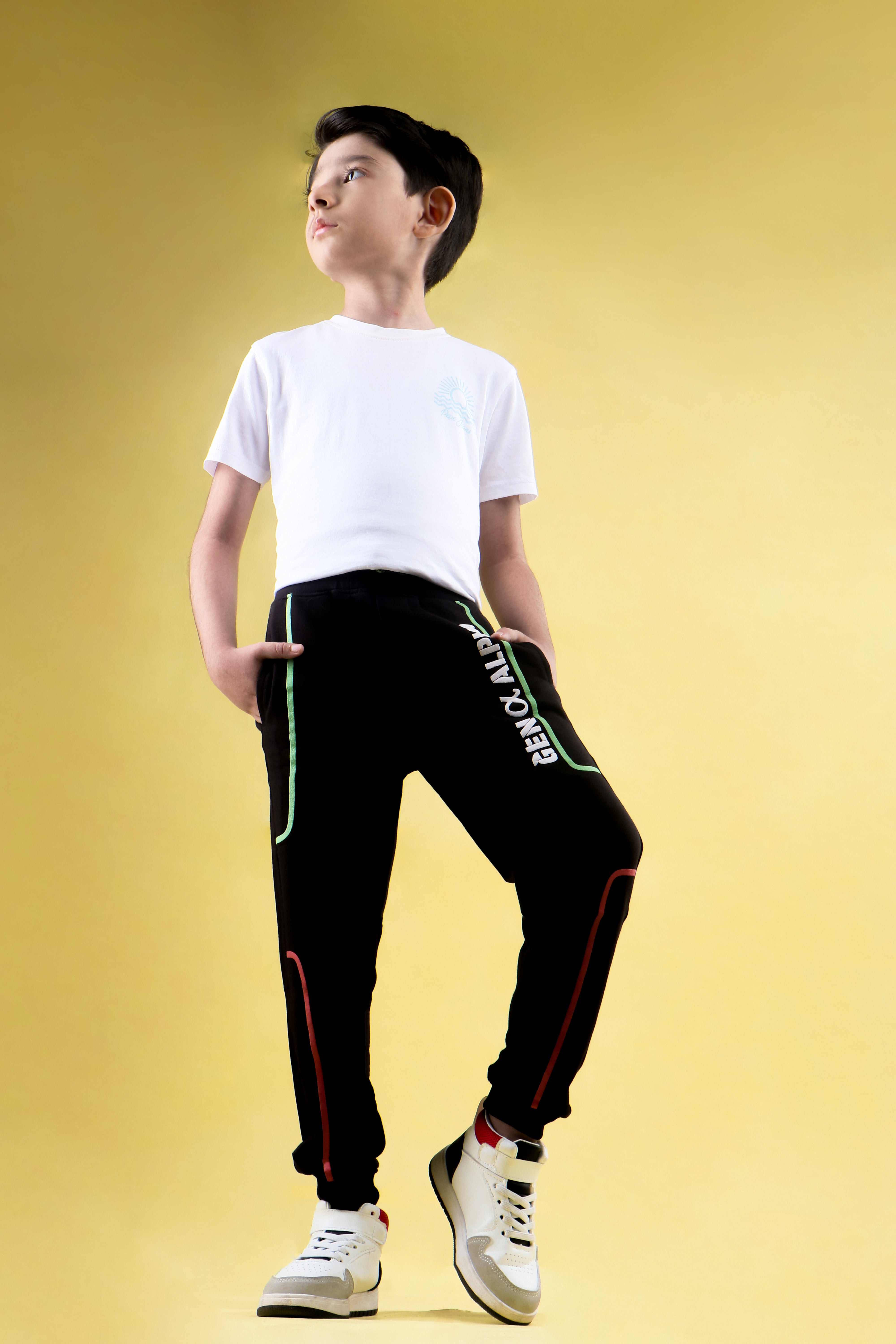 Cotton Loopknit Full Length Puff Lines Gen Alpha Printed Joggers - Black