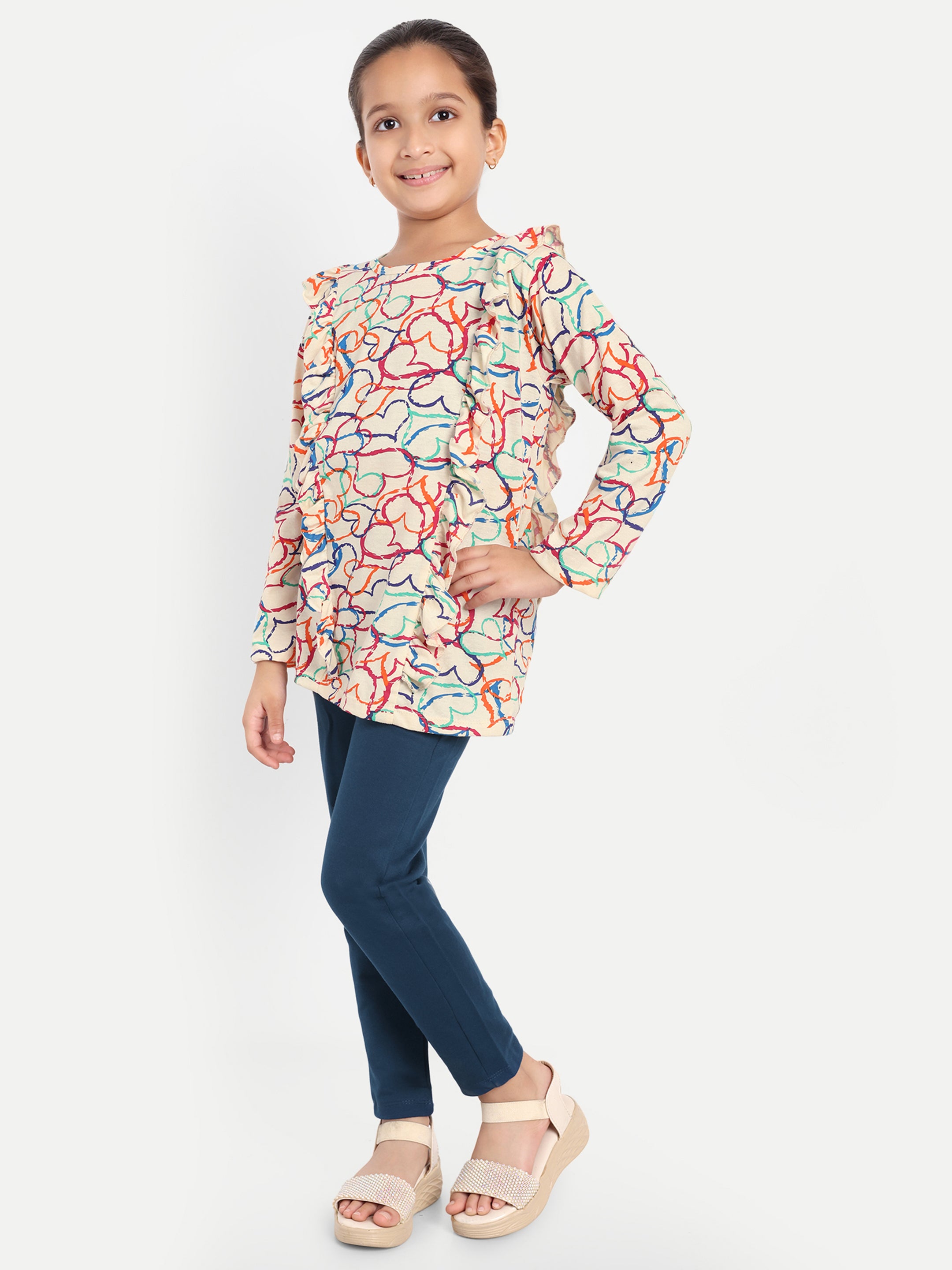 Cotton Knit Full Sleeves Multicolor Hearts Printed Top and Lounge Pant