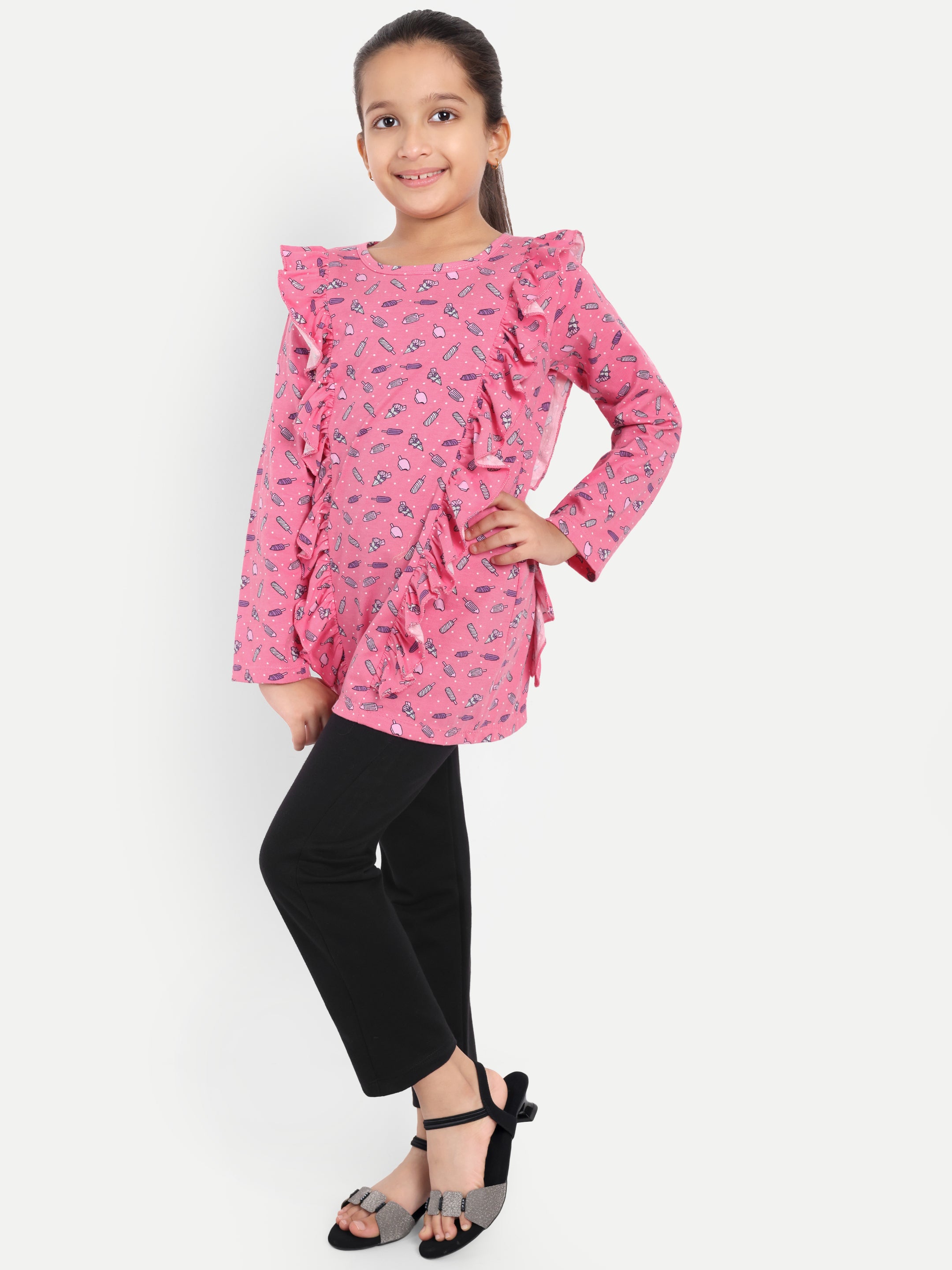 Cotton Knit Full Sleeves Icecream Printed Top with Frills and Lounge Pant