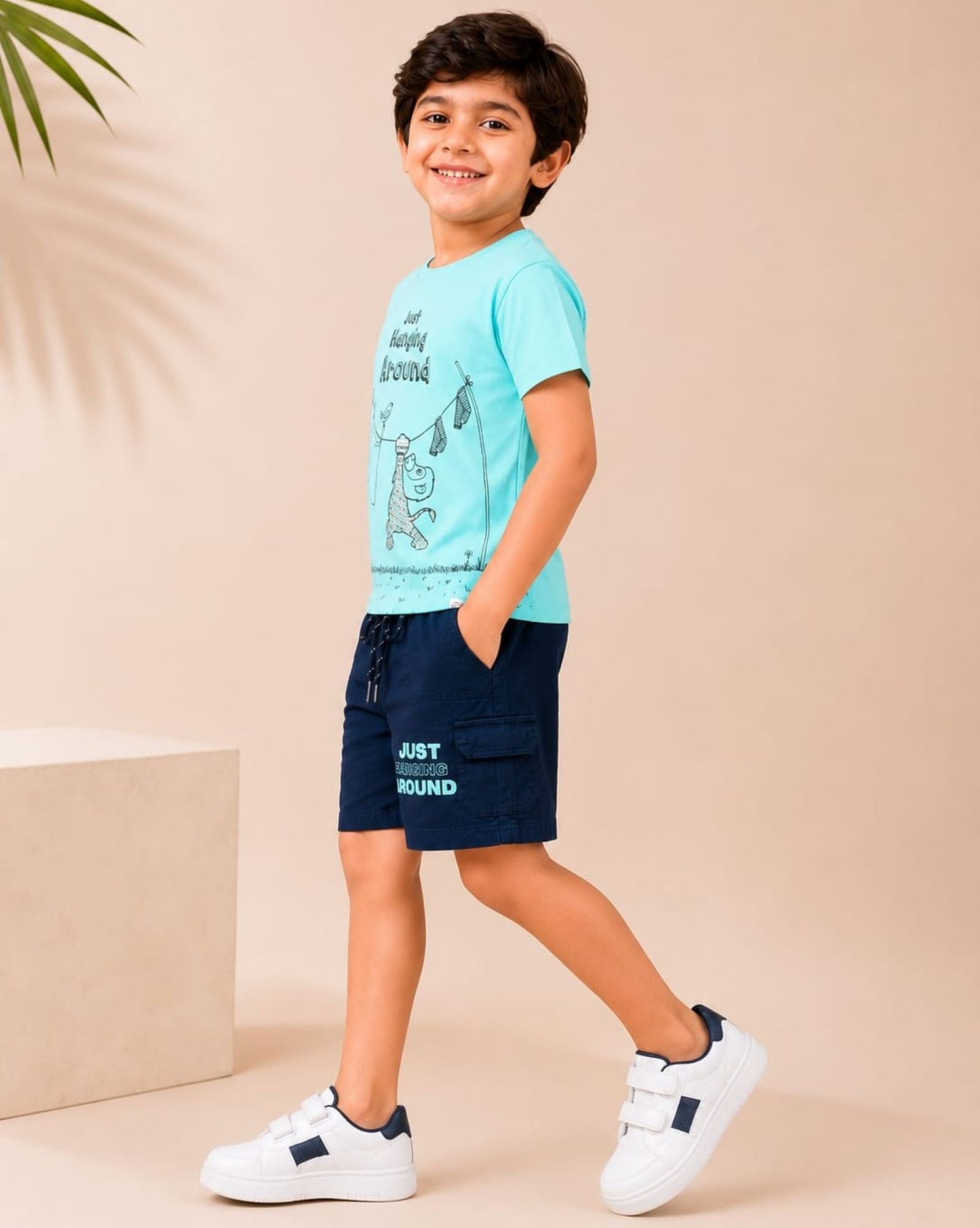 Cotton Knit Lycra Half Sleeves Printed Tee and Woven Cargo Shorts Set - Seagreen & Navy