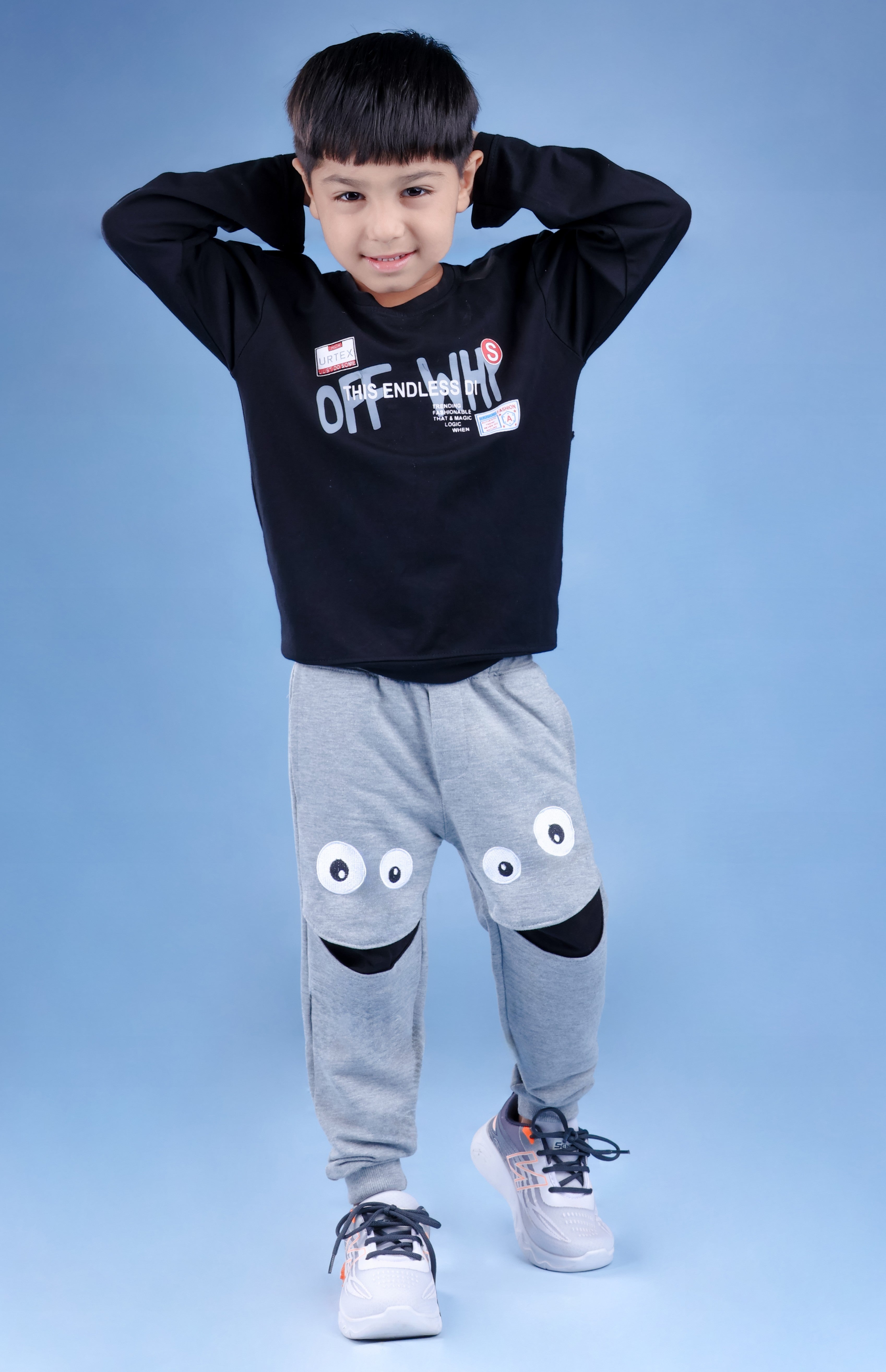 Cotton Loopknit Knee Smiley Joggers With Rib And Drawstring - Grey