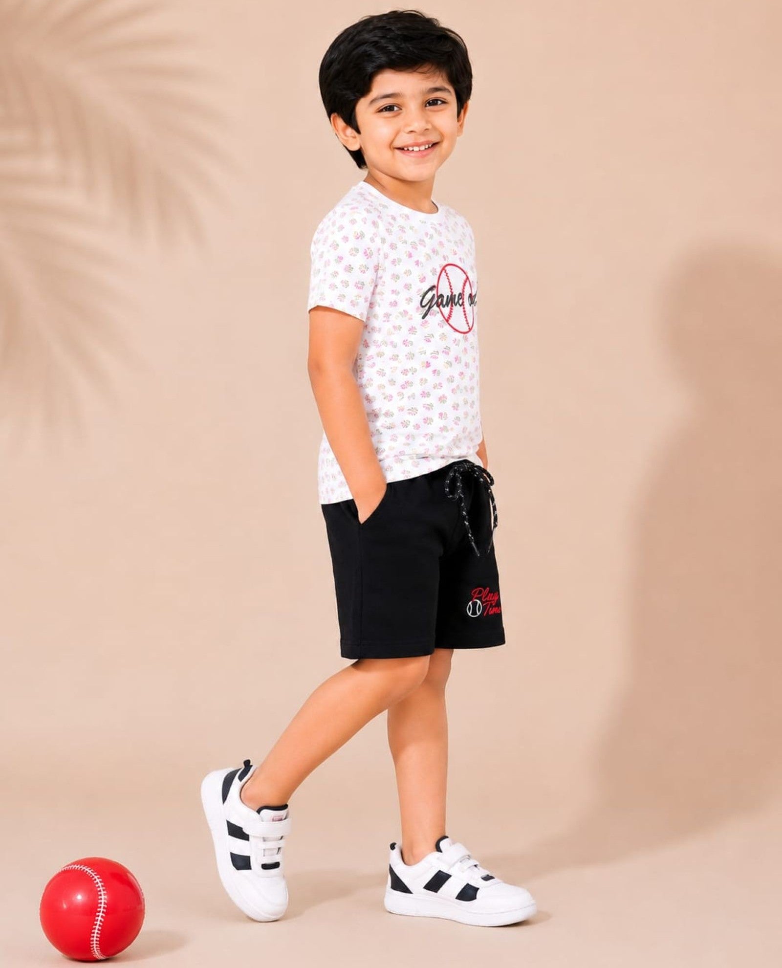Cotton Knit Lycra Half Sleeves Embroidered Tee and Shorts Set - Multicolor R and Black