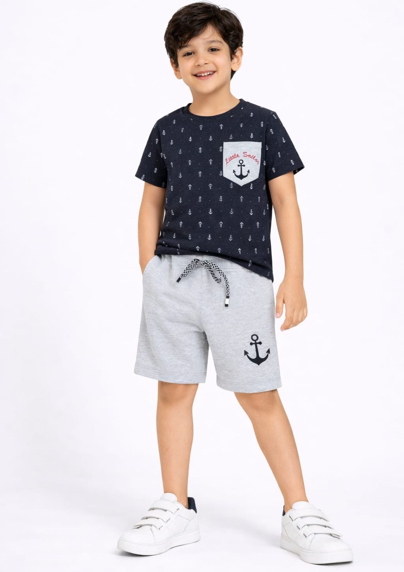 Cotton Lycra Knit Half Sleeves Printed Tee & Shorts Set - Charcoal & Grey