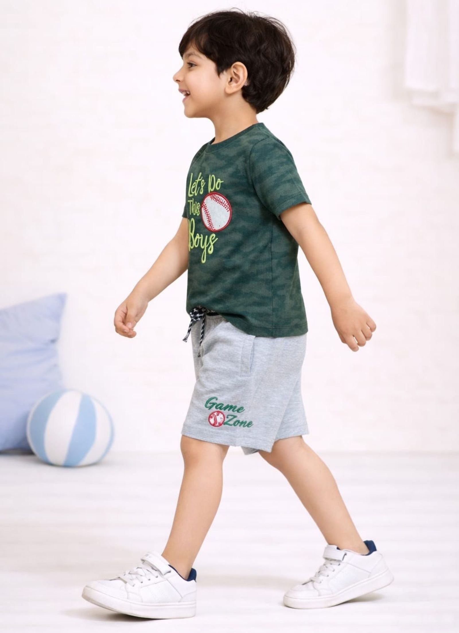 Cotton Lycra Knit Half Sleeves Embroidered Tee & Shorts Set - Green & Grey