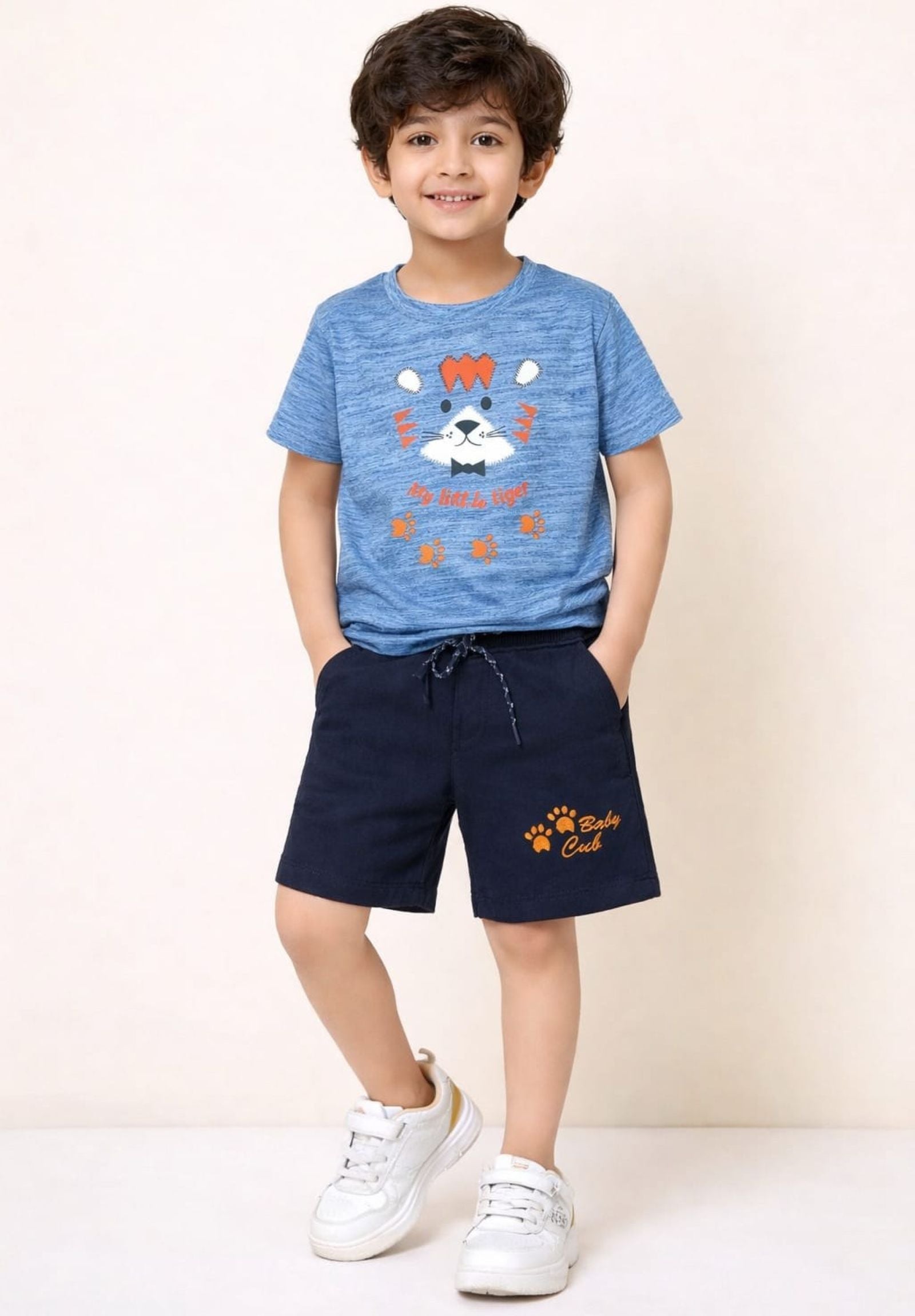 Cotton Lycra Knit Half Sleeves Printed Tee & Shorts Set - Blue & Navy Blue