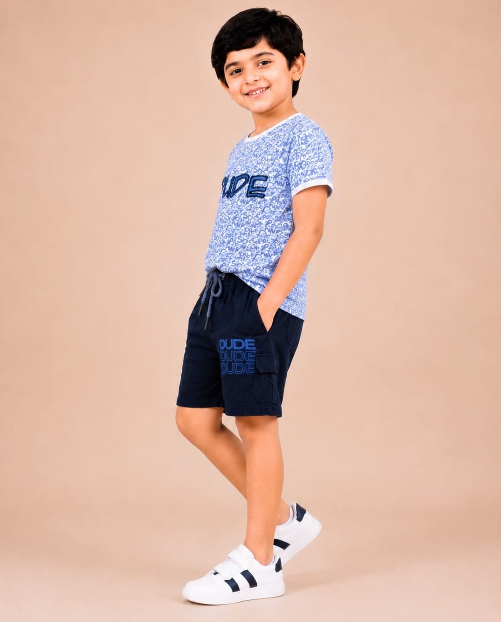Cotton Knit Lycra Half Sleeves Allover Printed Tee and Woven Cargo Shorts Set - Skyblue & Navy