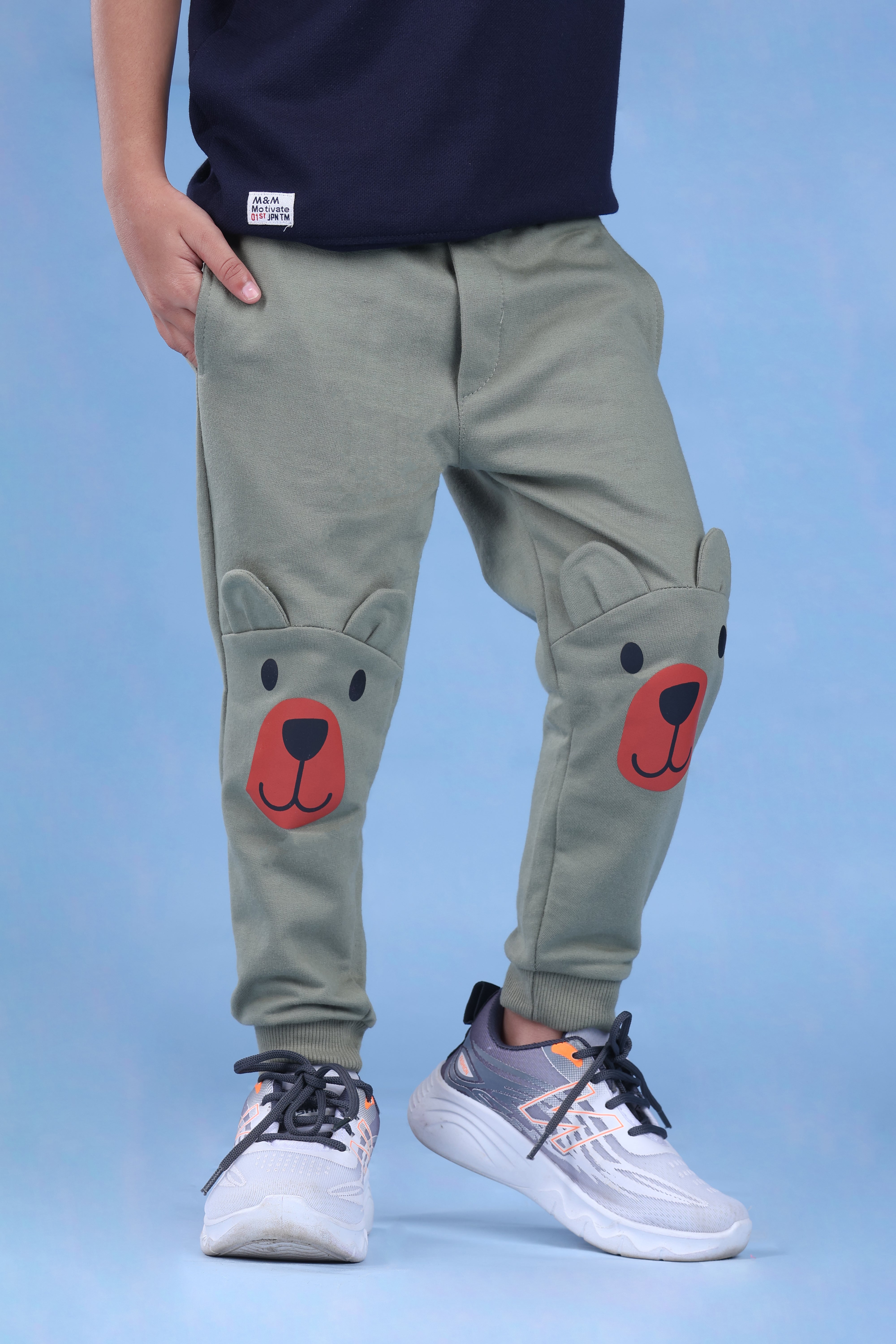 Cotton Loopknit Knee Bear Joggers With Rib And Drawstring - Green