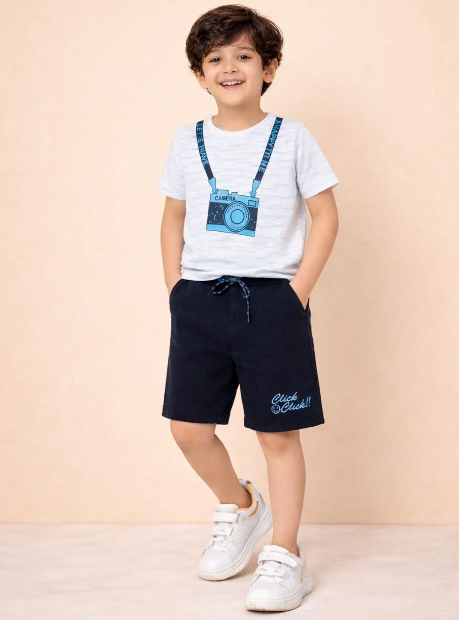 Cotton Lycra Knit Half Sleeves Camera Printed Tee & Shorts Set - Off White & Black