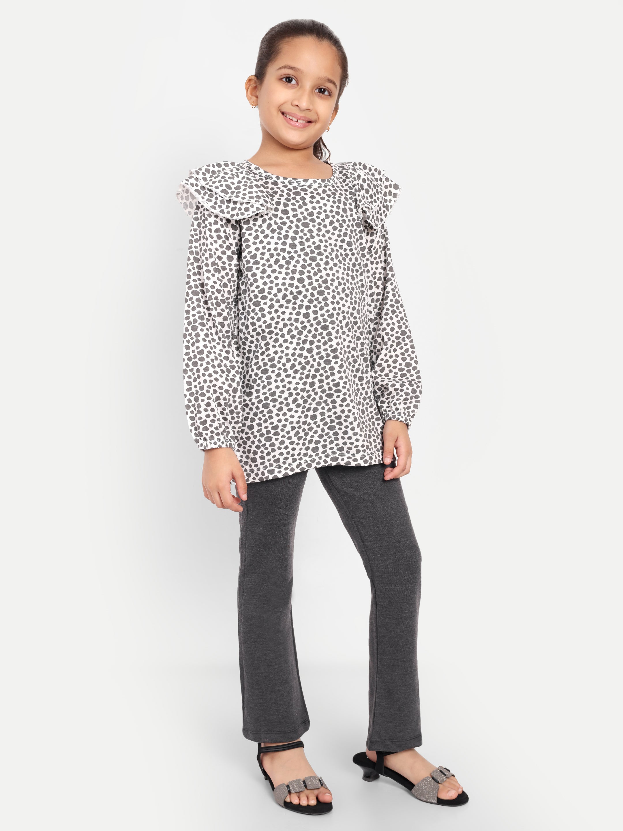 Cotton Knit Full Sleeves Polka Printed Top with Frills and Lounge Pant