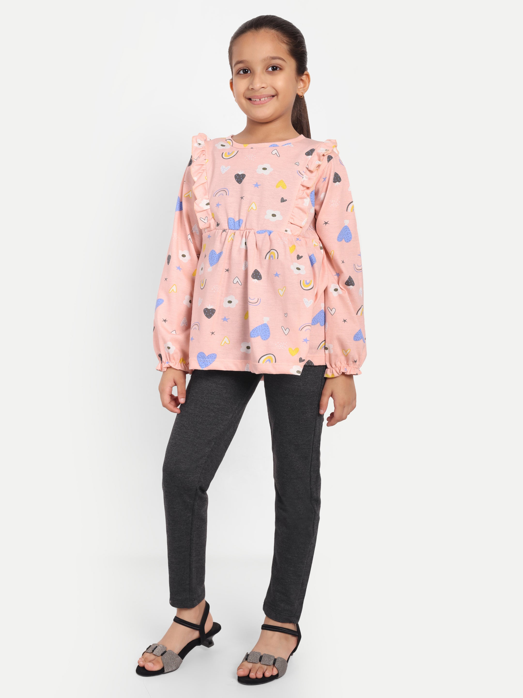 Cotton Knit Full Sleeves Rainbow Printed Peplum Top and Lounge Pant