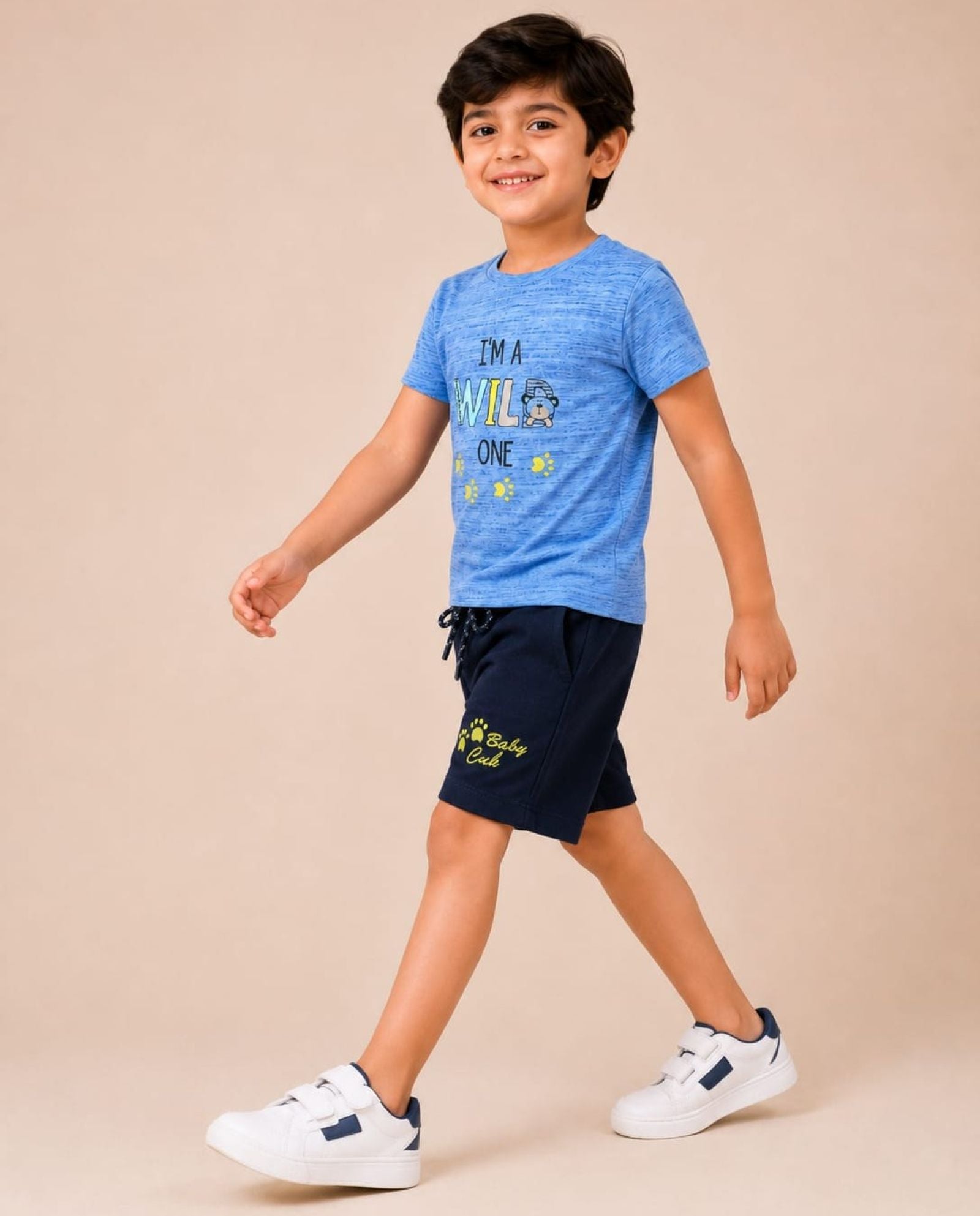 Cotton Knit Lycra Half Sleeves Wild One Printed Tee and Shorts Set - SkyBlue & Navy