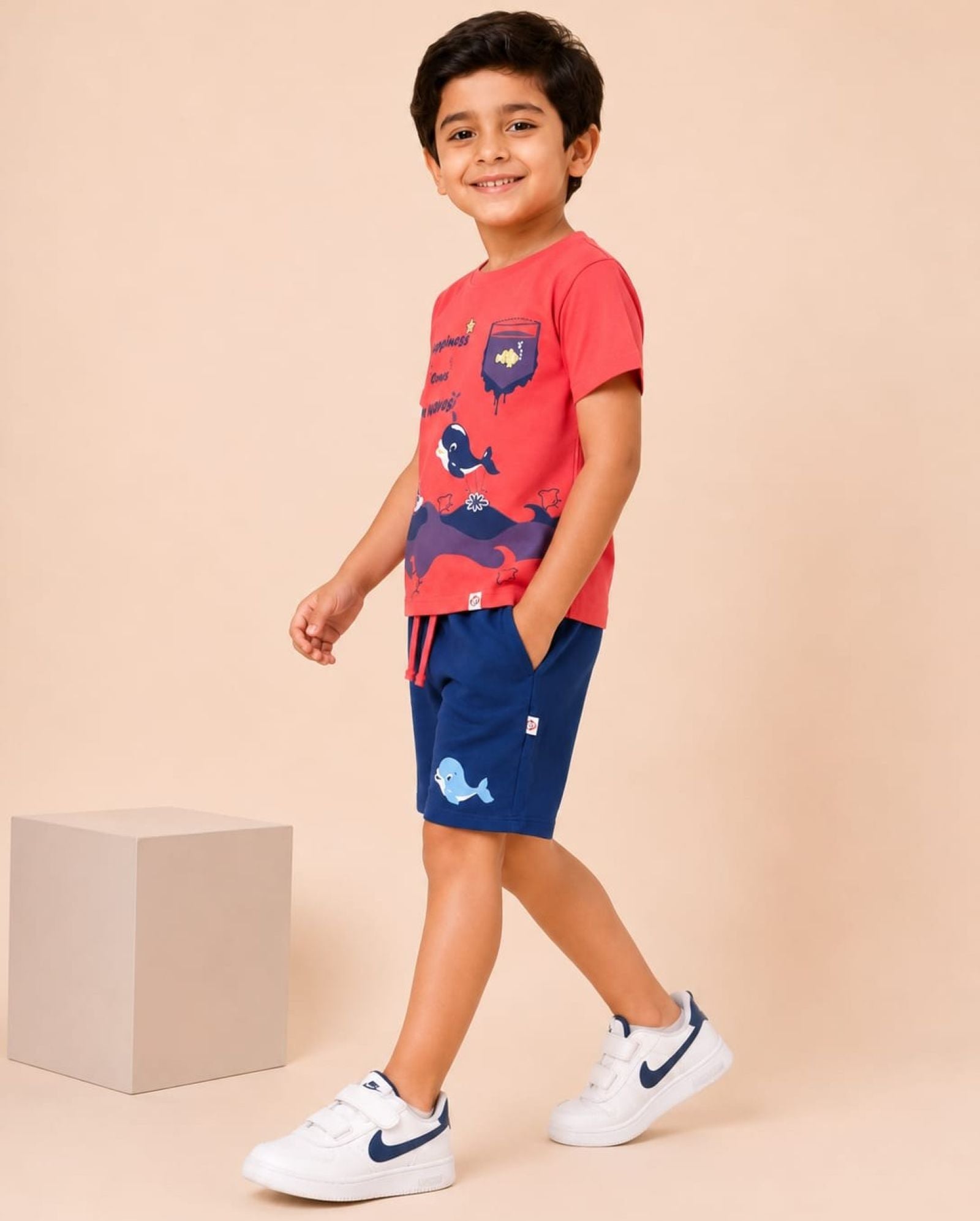 Cotton Knit Lycra Half Sleeves Printed Tee and Shorts Set - Peach & Navy