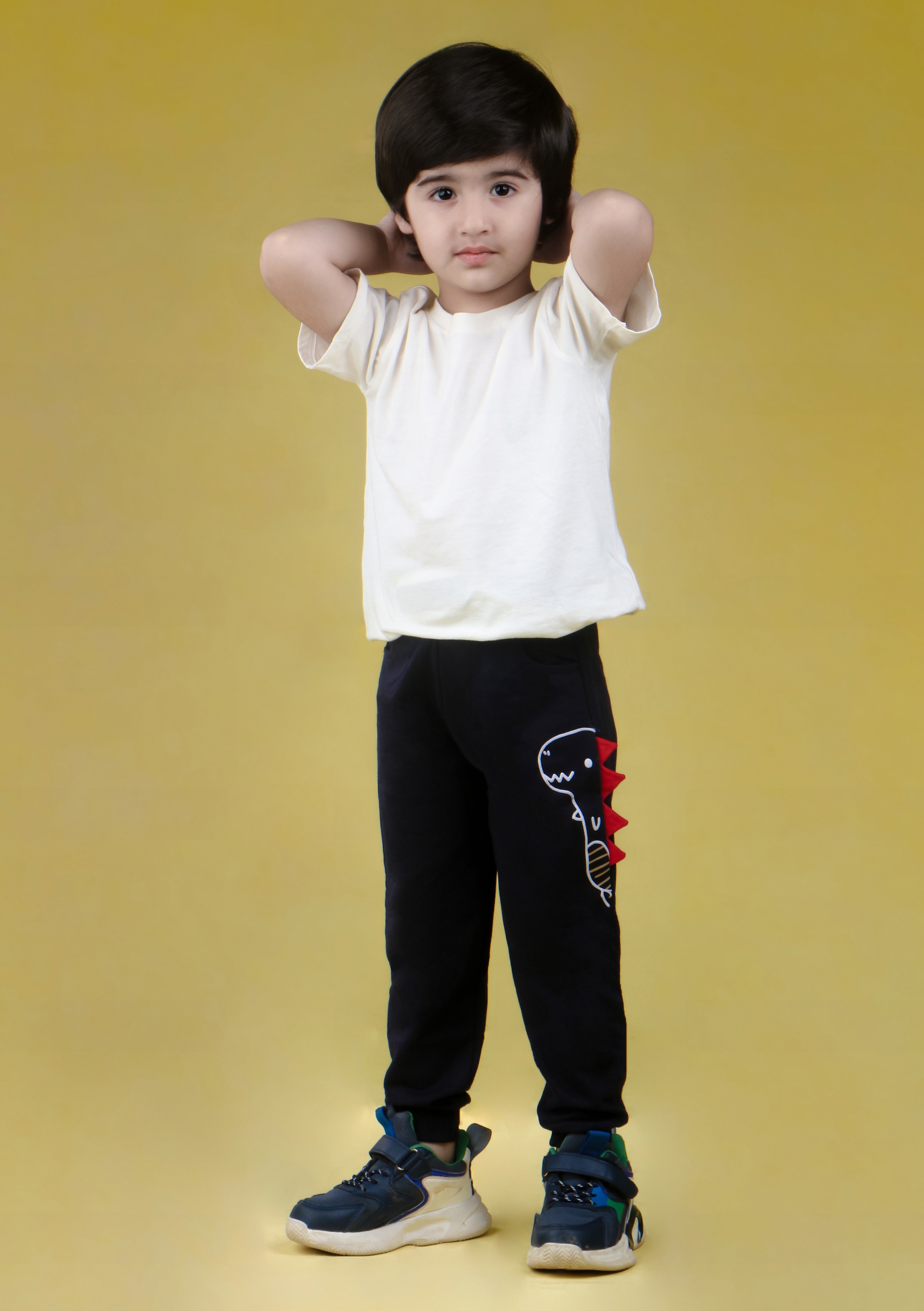 Cotton Loopknit Dino Printed Joggers With Rib And Drawstring - Navy