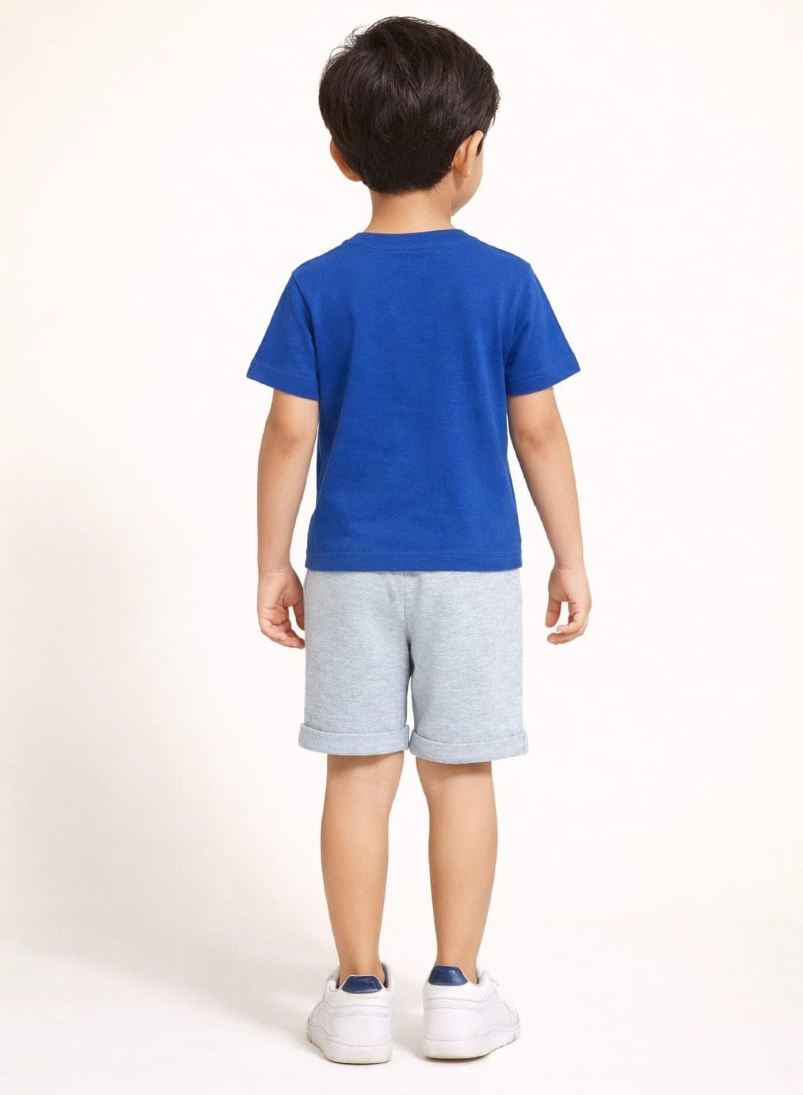Cotton Lycra Knit Half Sleeves Printed Tee & Shorts Set - Navy Blue & Grey