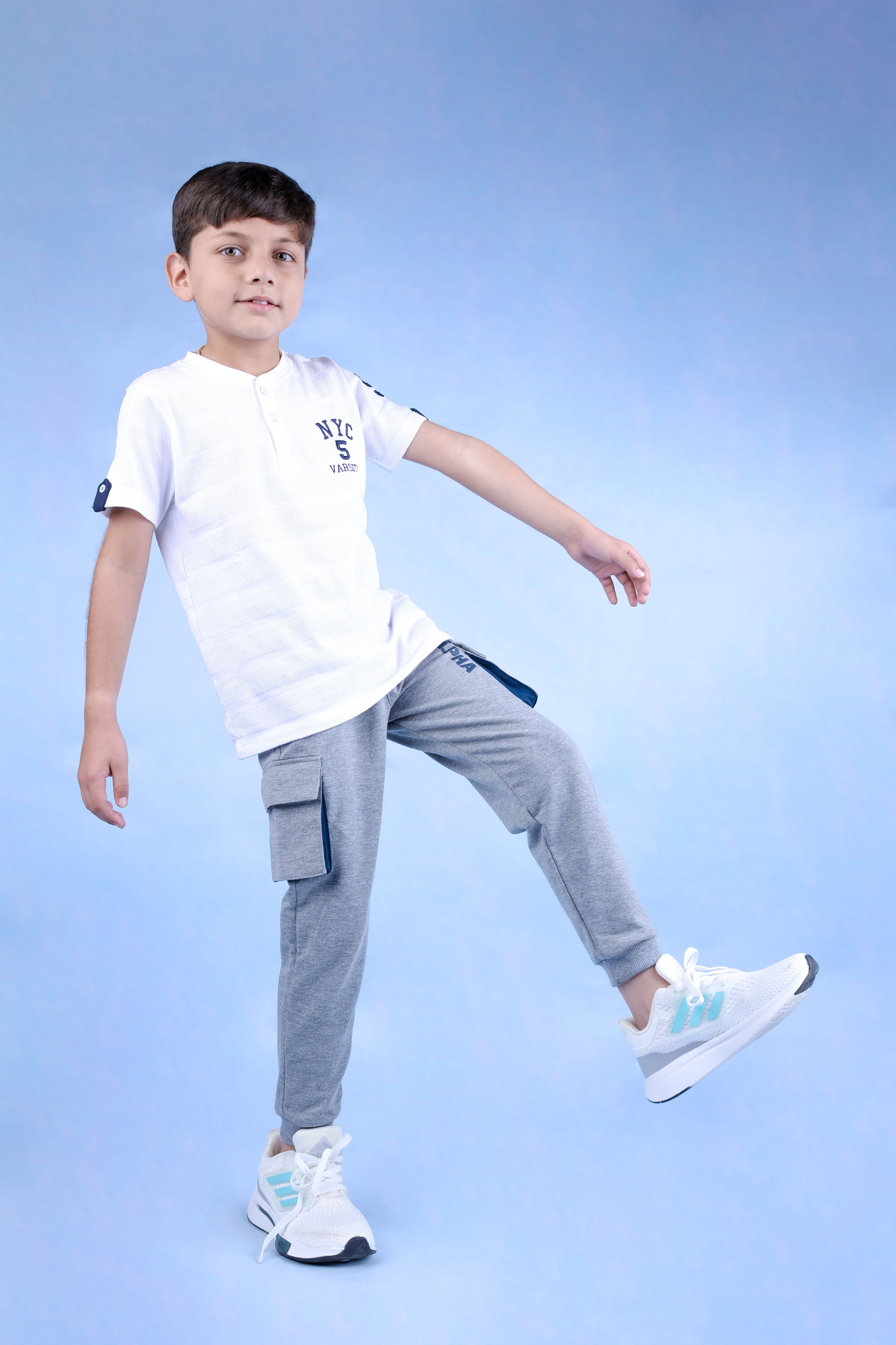 Cotton Looper Full Length Fancy Box Pocketed Gen Alpha Printed Joggers - Grey