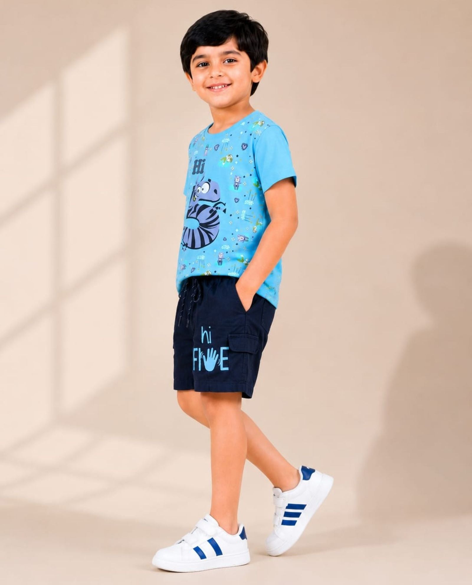 Cotton Knit Lycra Half Sleeves Printed Tee and Woven Cargo Shorts Set - Skyblue & Navy