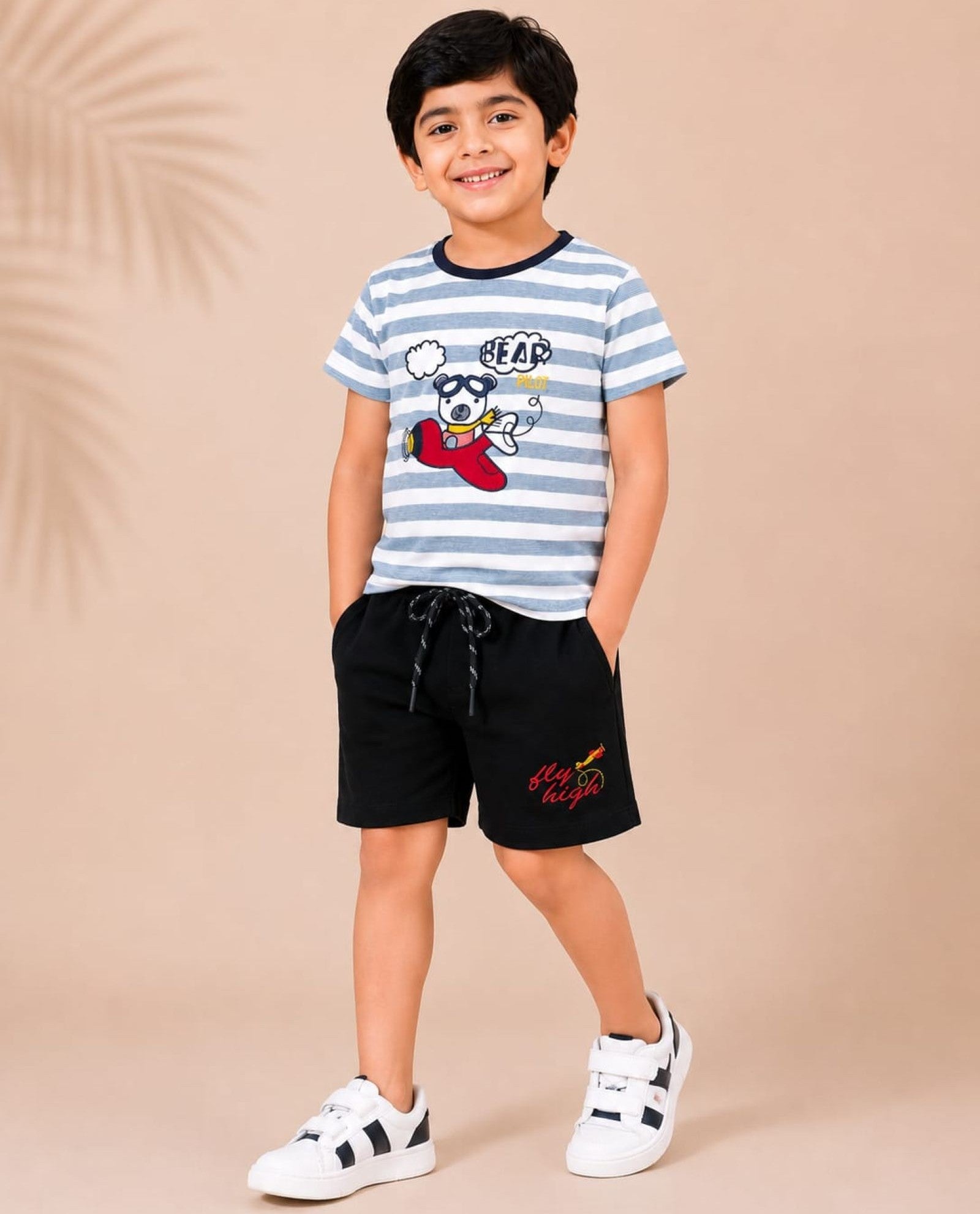 Cotton Knit Half Sleeves Embroidered Tee and Shorts Set - Offwhite & Black