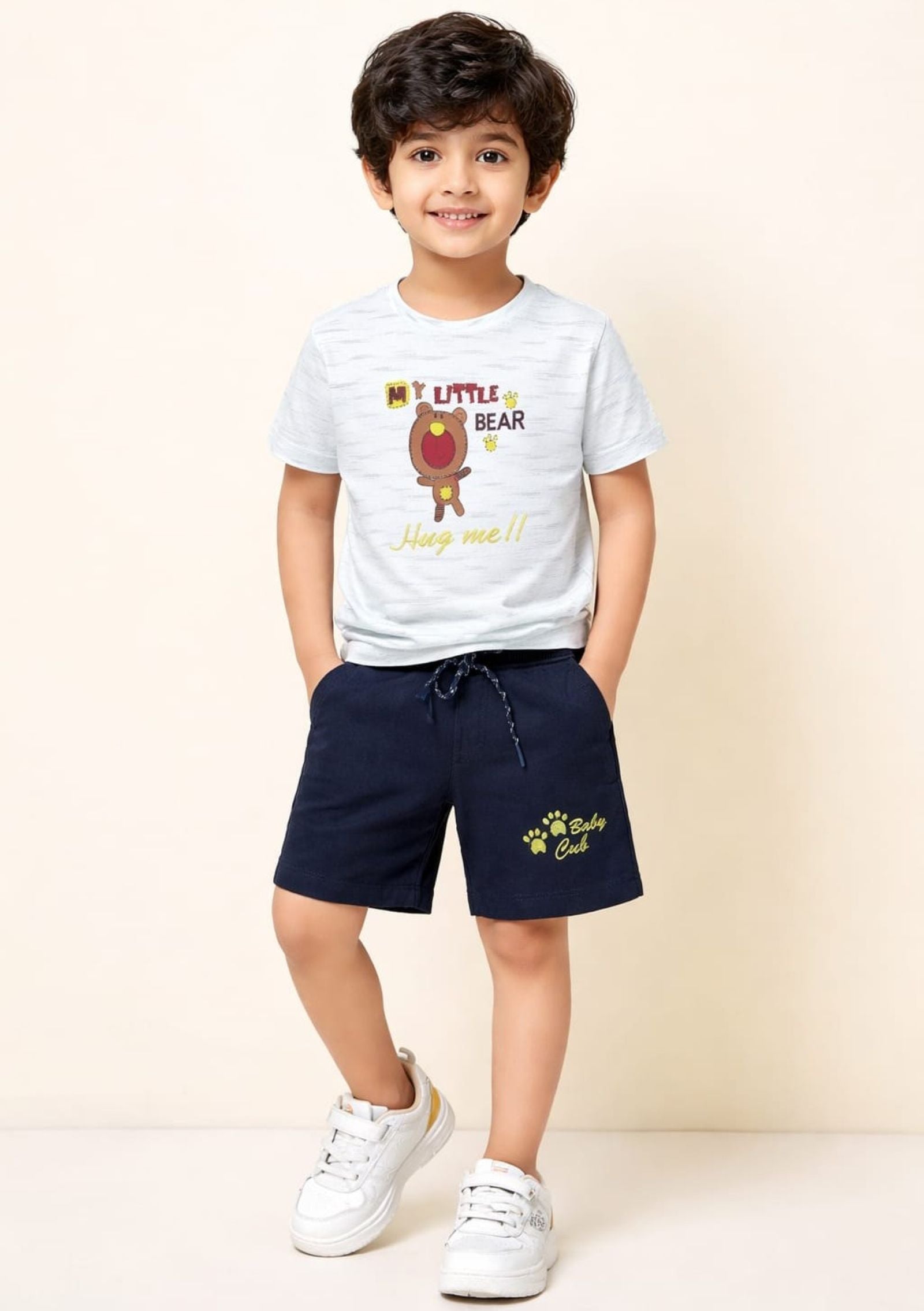 Cotton Lycra Knit Half Sleeves Printed Tee & Shorts Set - Off White & Black