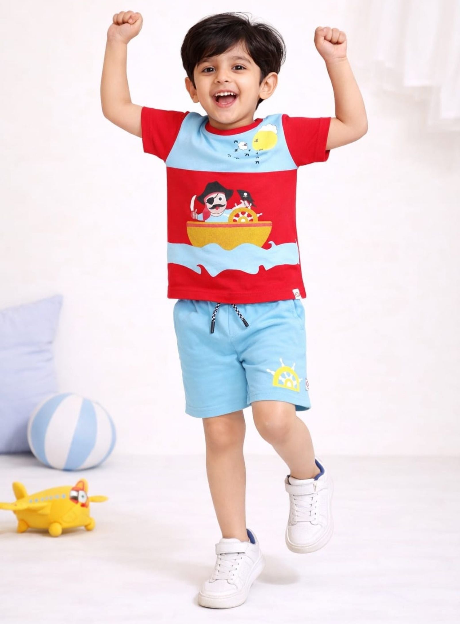  Cotton Lycra Knit Half Sleeves Printed Tee & Shorts Set - Red & Sky Blue