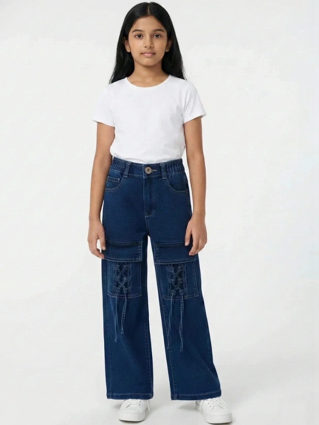 Cotton Denim Straight Fit Cargo Style Stretchable Jeans - Blue