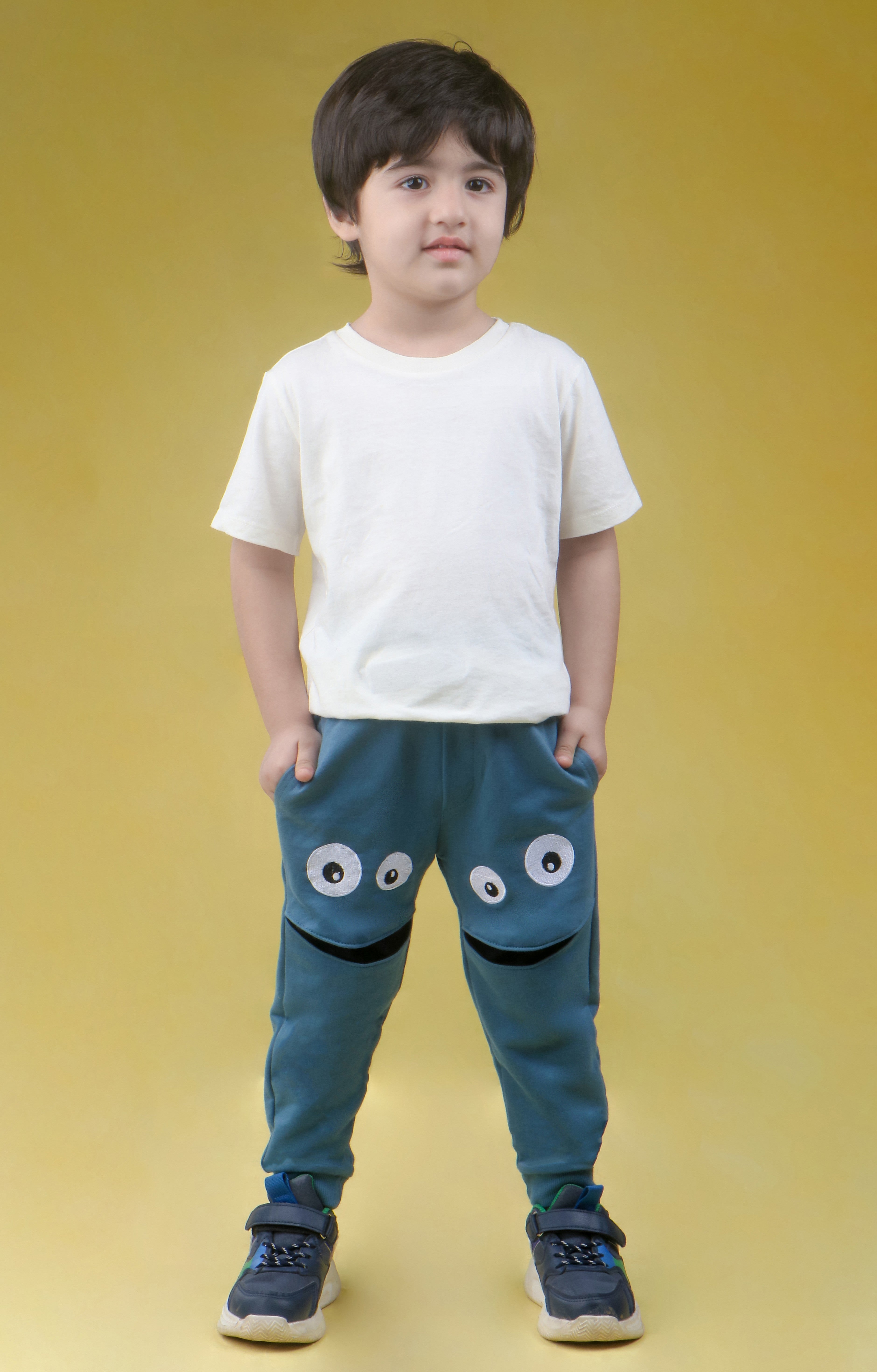 Cotton Loopknit Knee Smiley Joggers With Rib And Drawstring - Blue