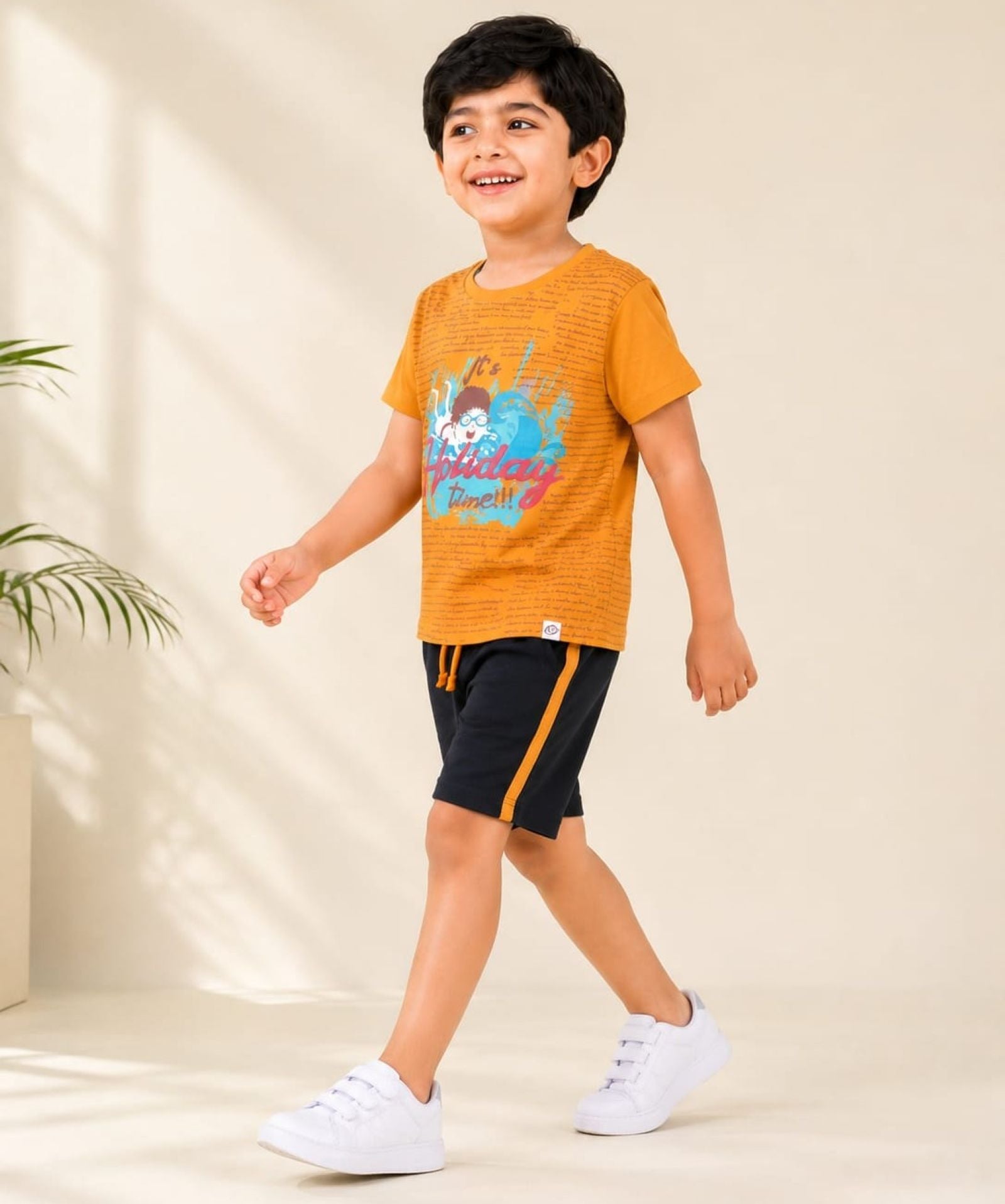 Cotton Knit Lycra Half Sleeves HD Printed Tee and Shorts Set - Orange & Black