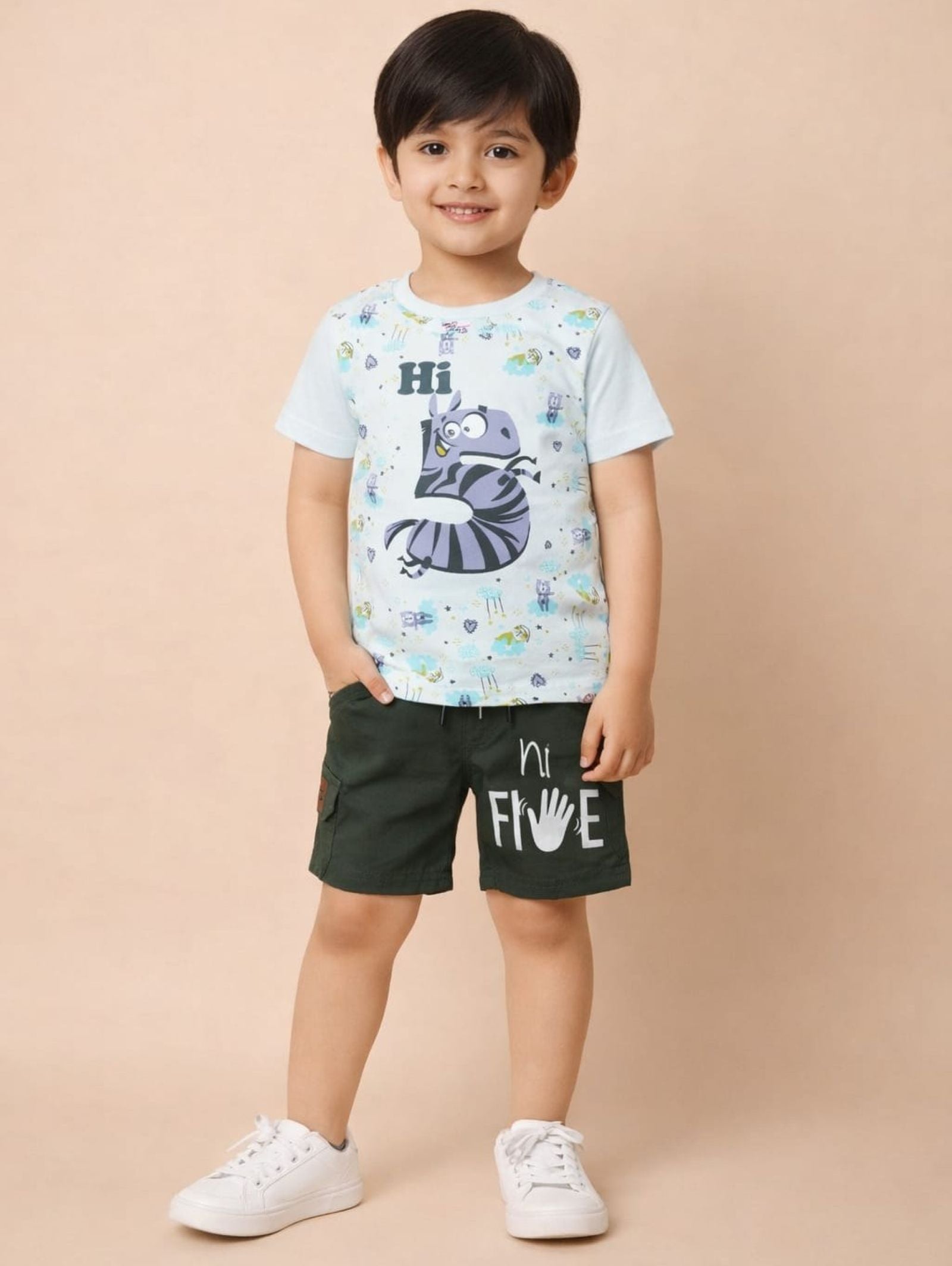 Cotton Lycra Knit Half Sleeves Printed Tee & Woven Cargo Shorts Set - Off White & Green