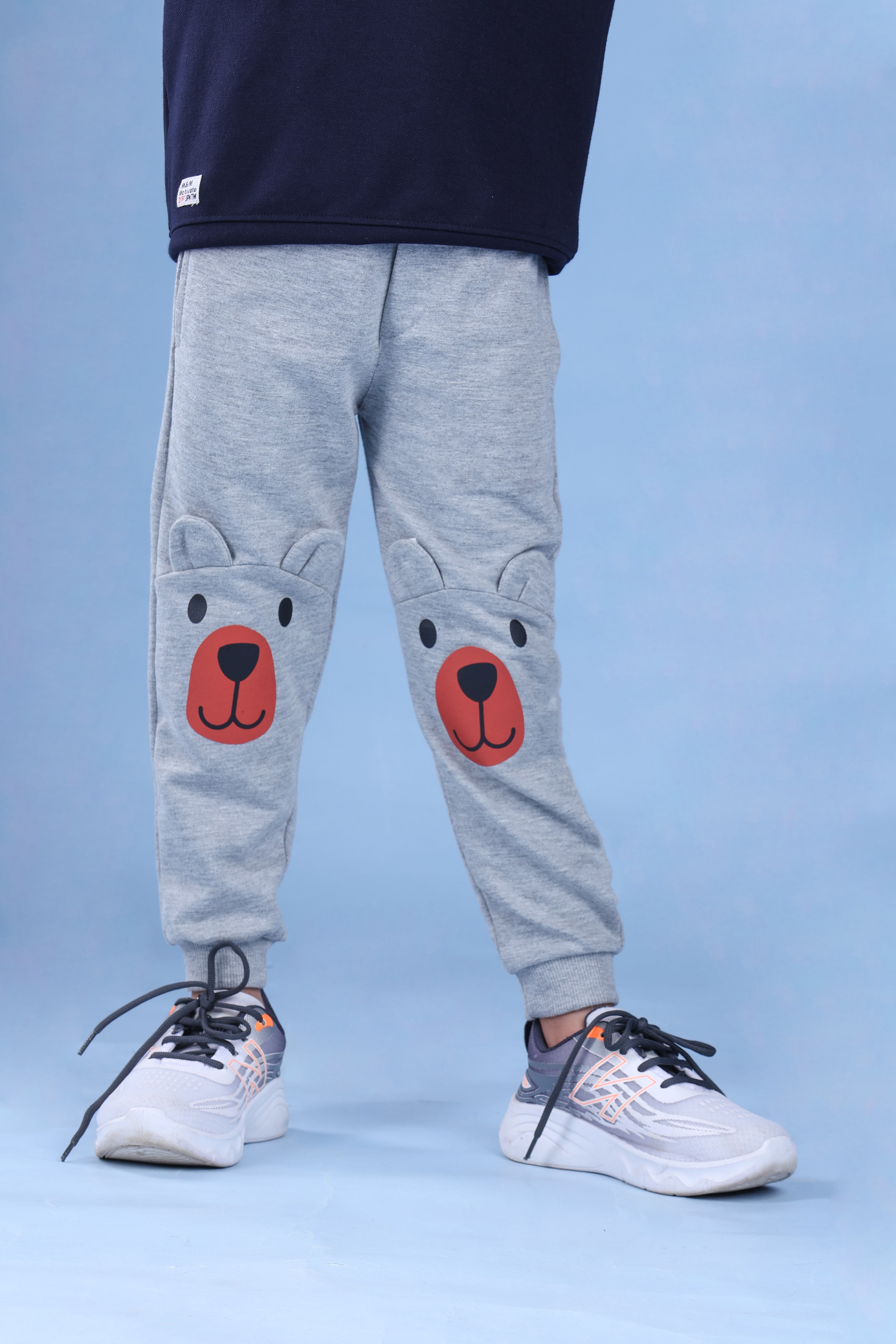 Cotton Loopknit Knee Bear Joggers With Rib And Drawstring - Grey