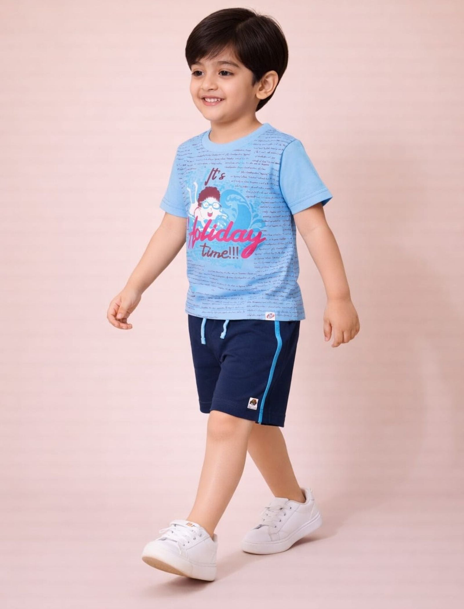 Cotton Lycra Knit Half Sleeves Printed Tee & Shorts Set - Sky Blue & Navy Blue