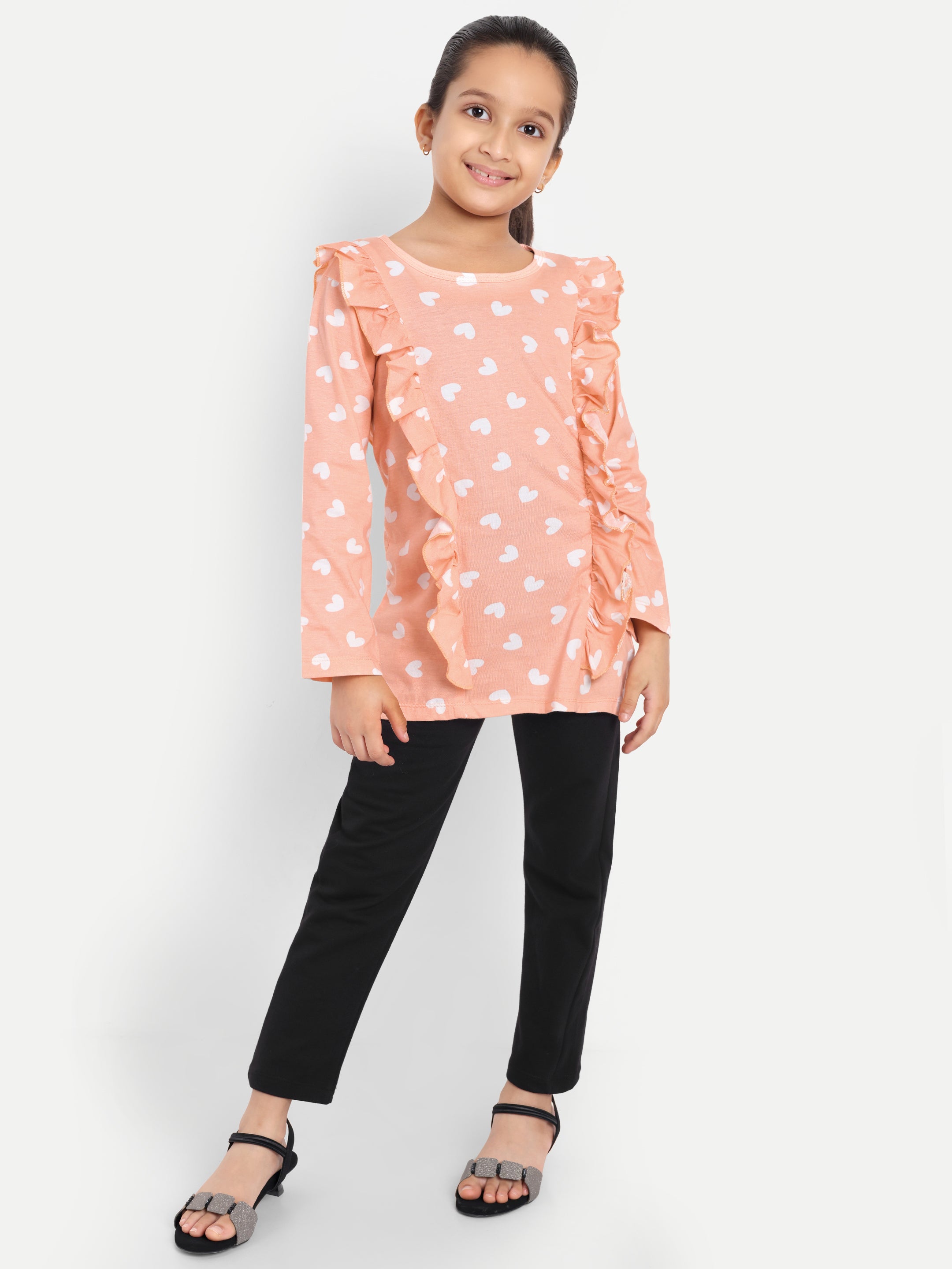 Cotton Knit Full Sleeves Hearts Printed Top with Frills and Lounge Pant