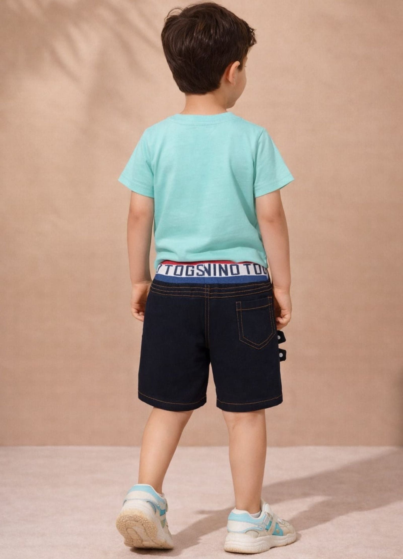 Cotton Lycra Knit Half Sleeves Printed Tee & Denim Shorts Set - Sky Blue & Navy Blue