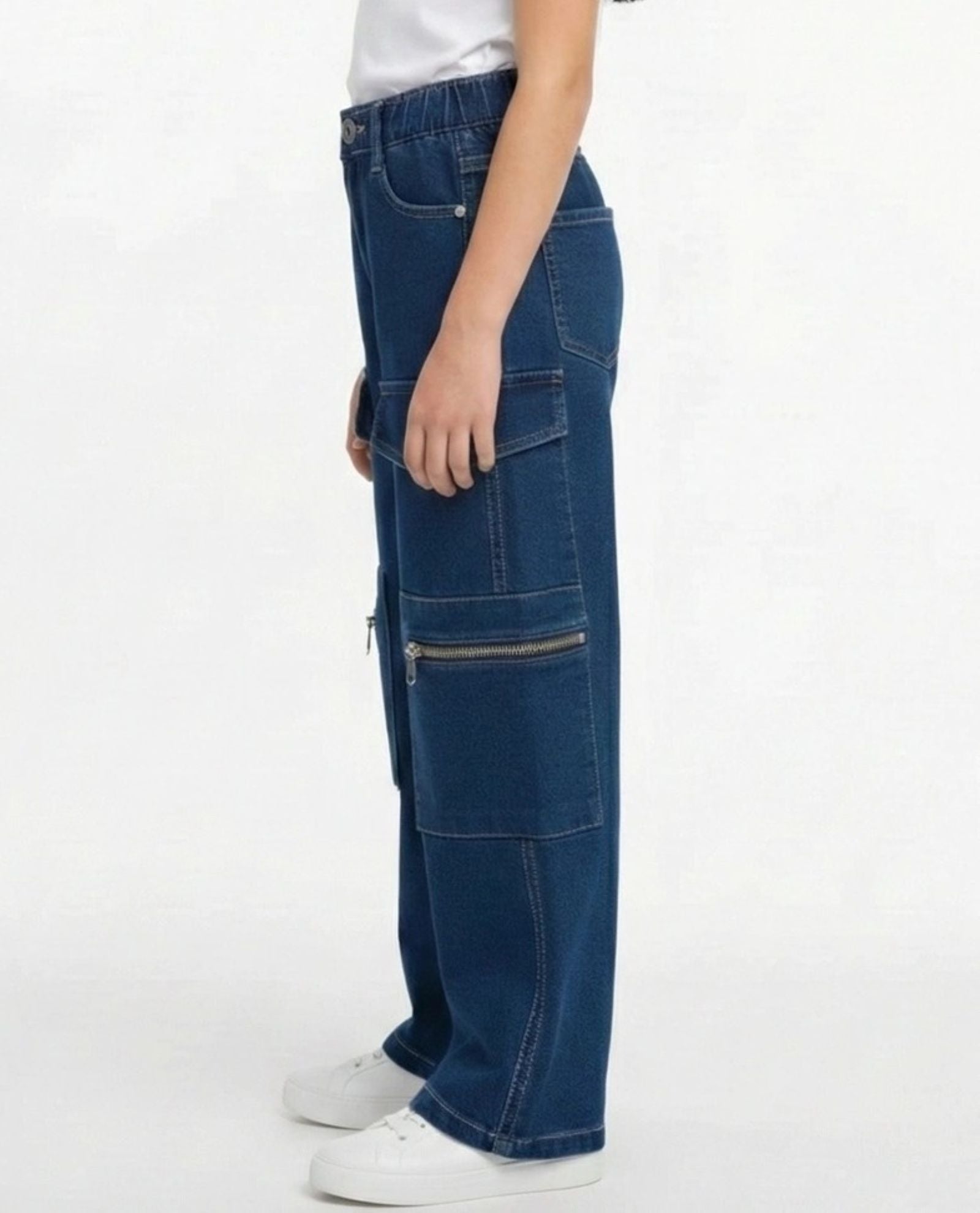 Cotton Denim Relaxed Fit Cargo Style Stretchable Jeans - Blue
