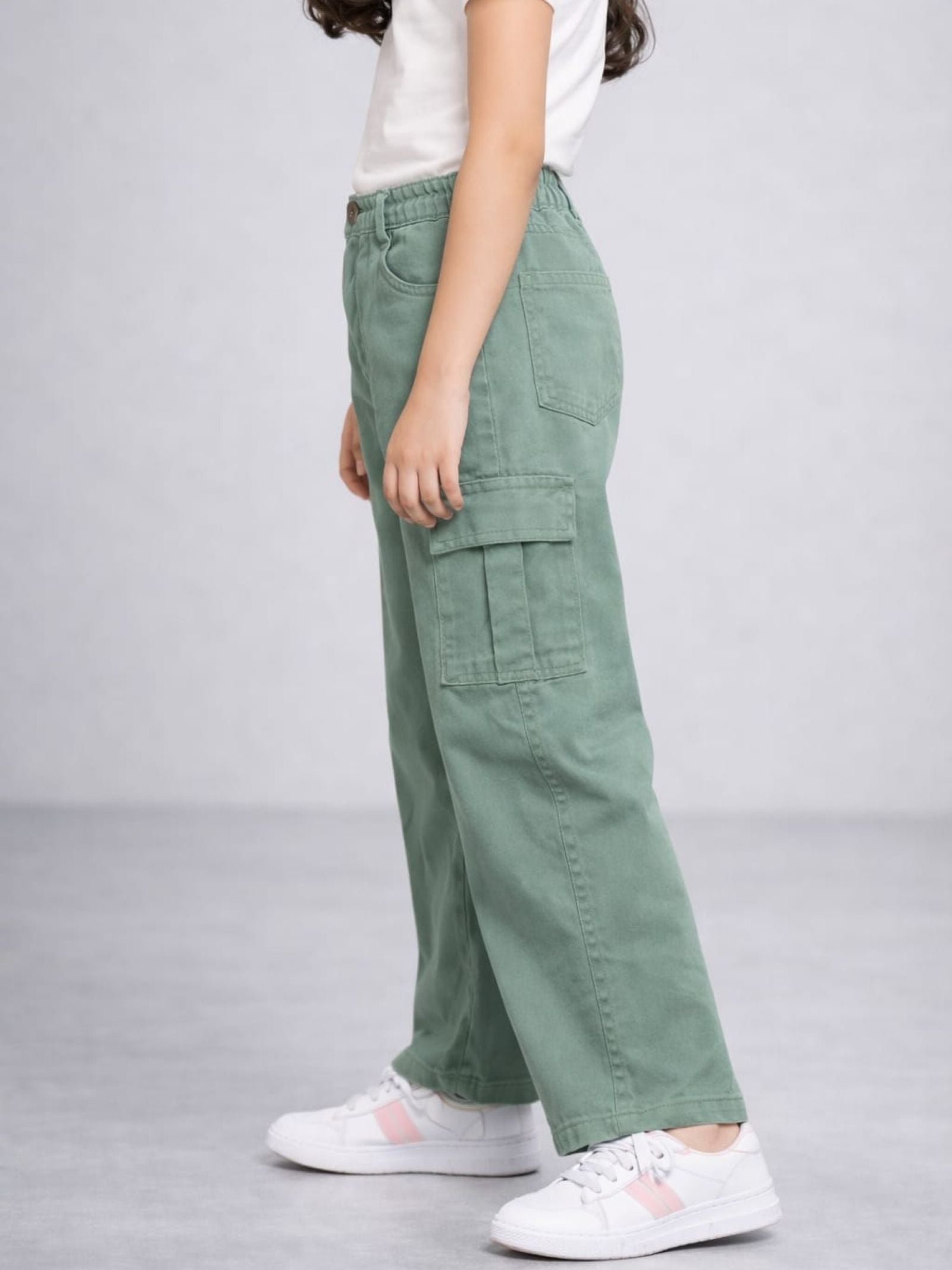 Cotton Denim Wide Leg Mid Rise Stretchable Jeans - Pastel Green