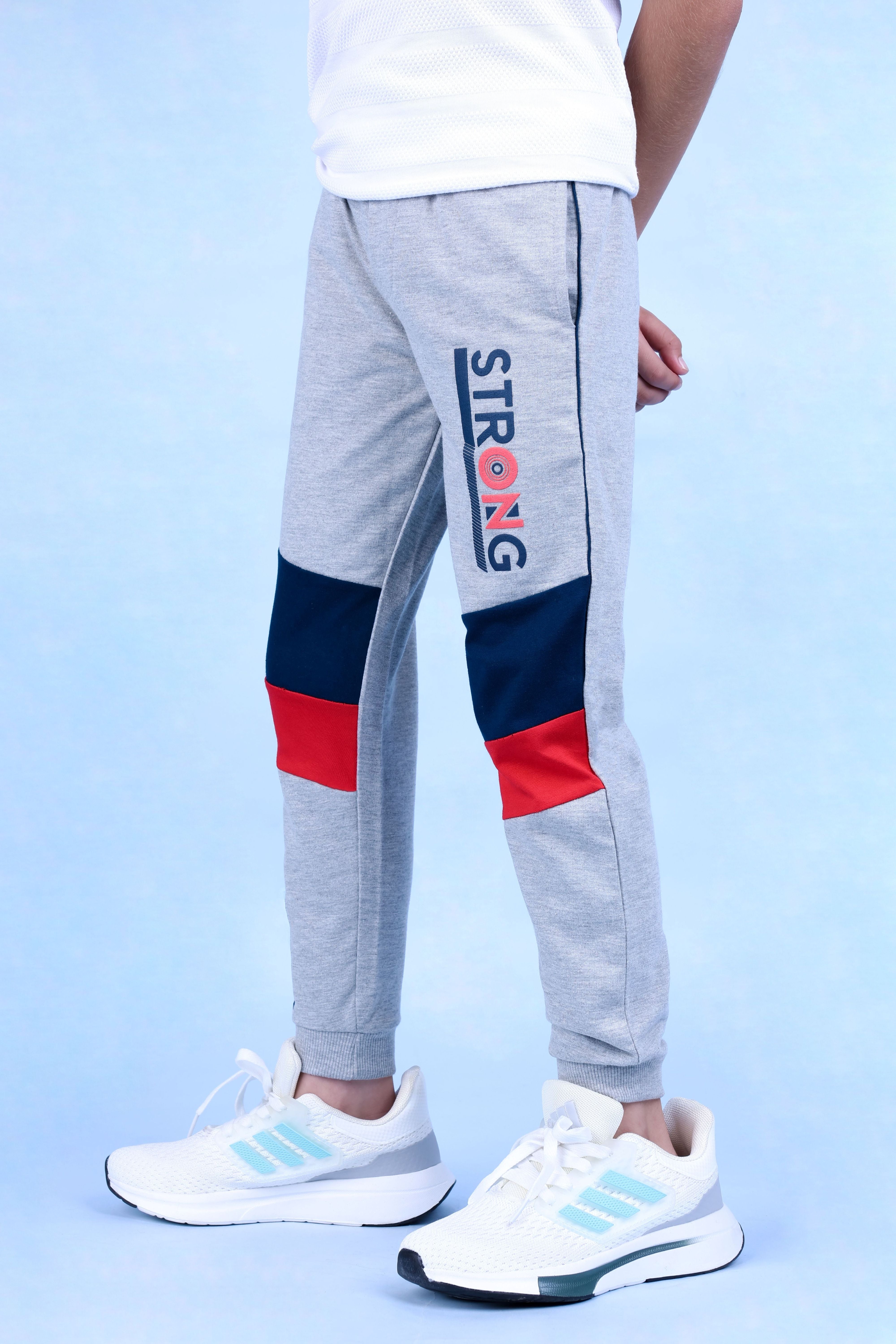 Cotton Loopknit Full Length Fancy Pattern Stay Strong Printed Joggers - Grey