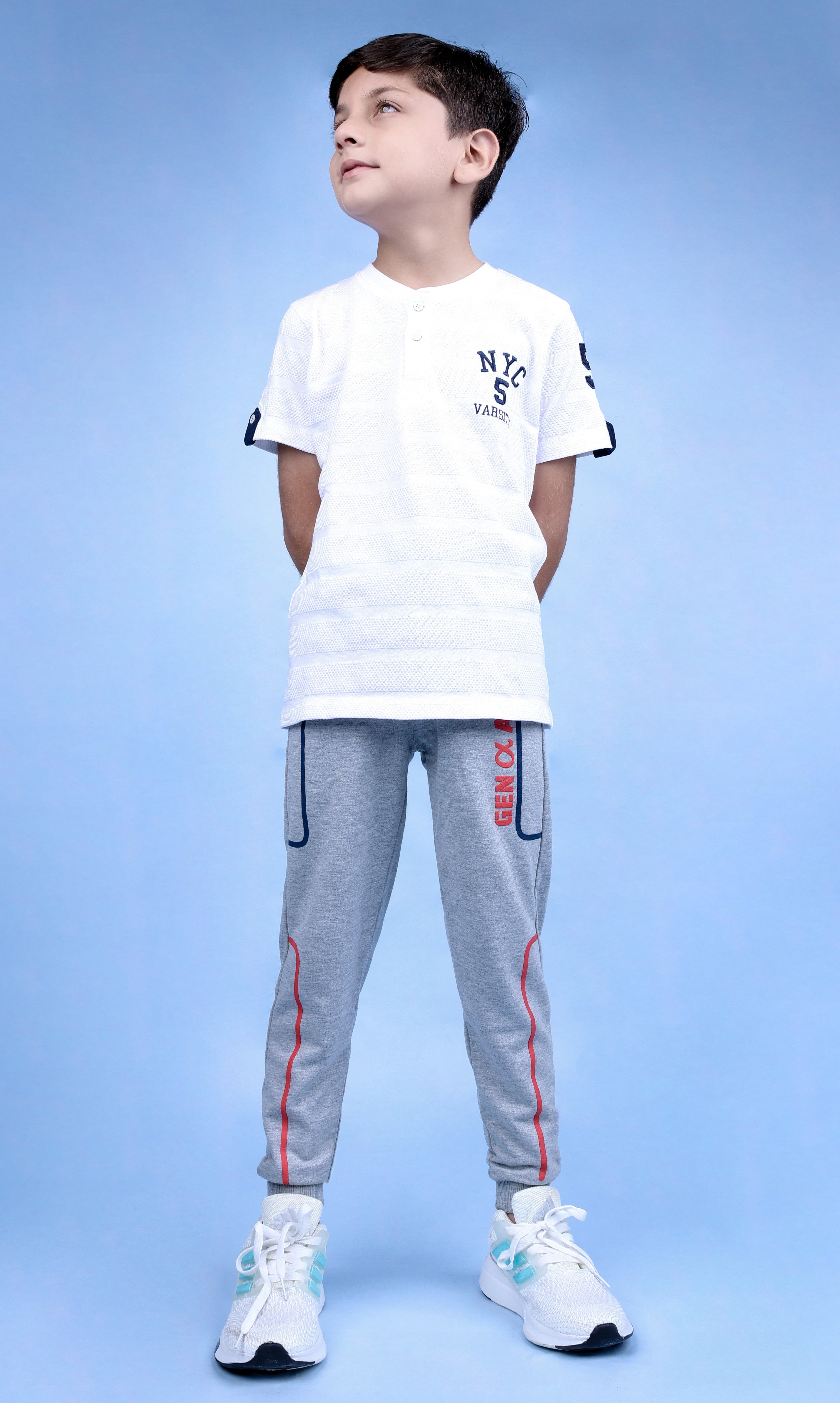 Cotton Loopknit Full Length Puff Lines Gen Alpha Printed Joggers - Grey