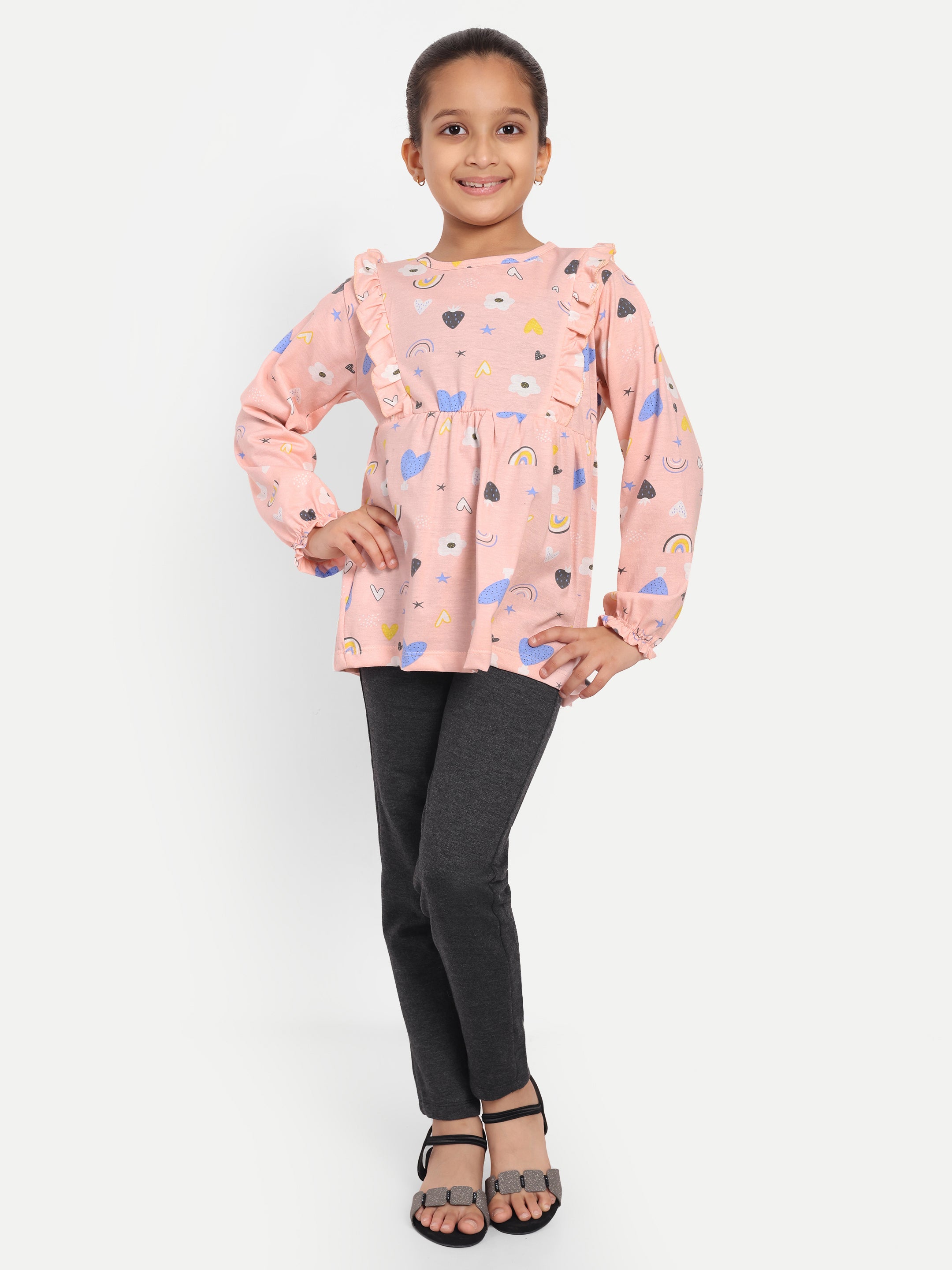 Cotton Knit Full Sleeves Rainbow Printed Peplum Top and Lounge Pant