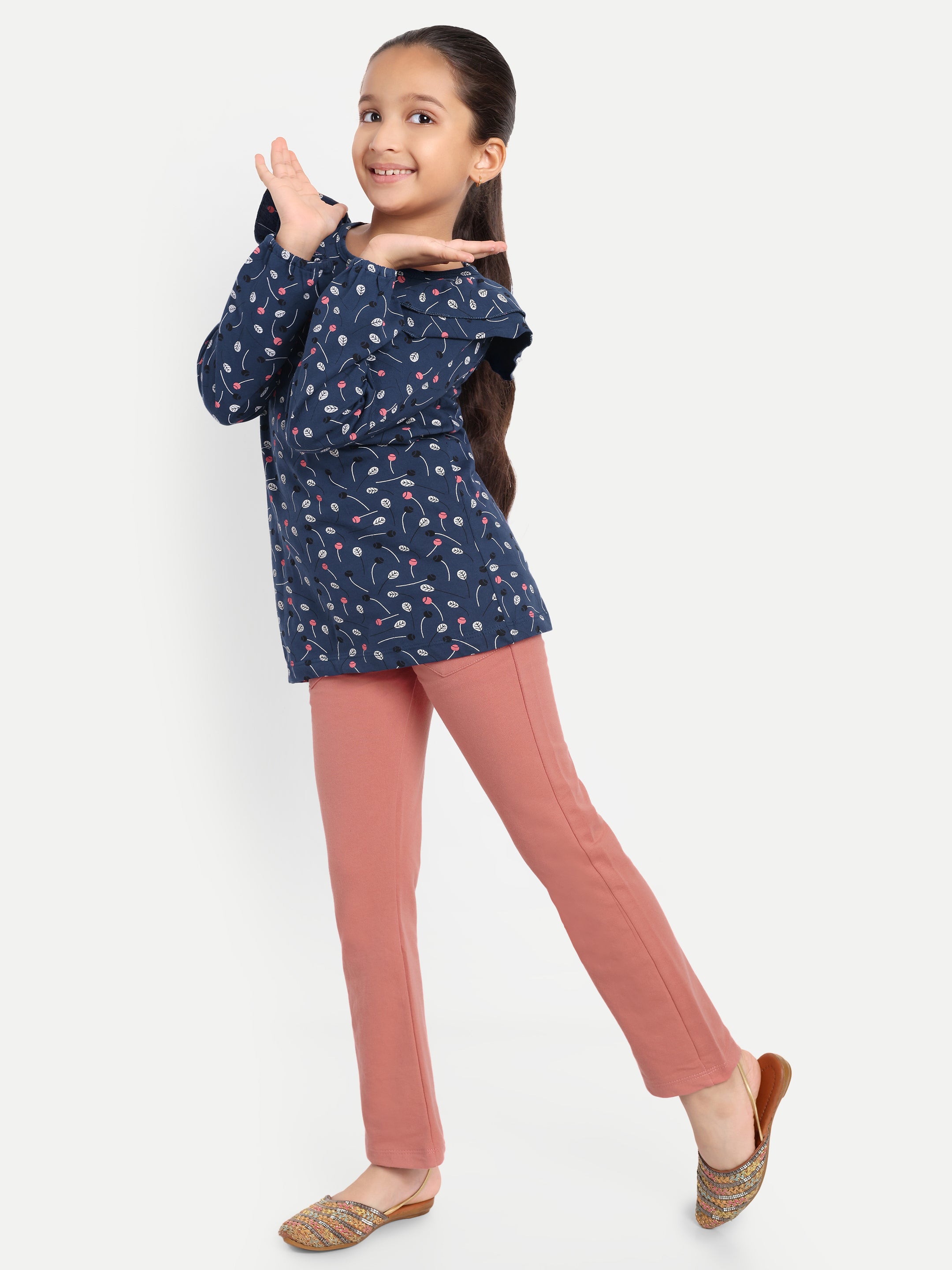 Cotton Knit Full Sleeves Floral Printed Frill Top and Lounge Pant
