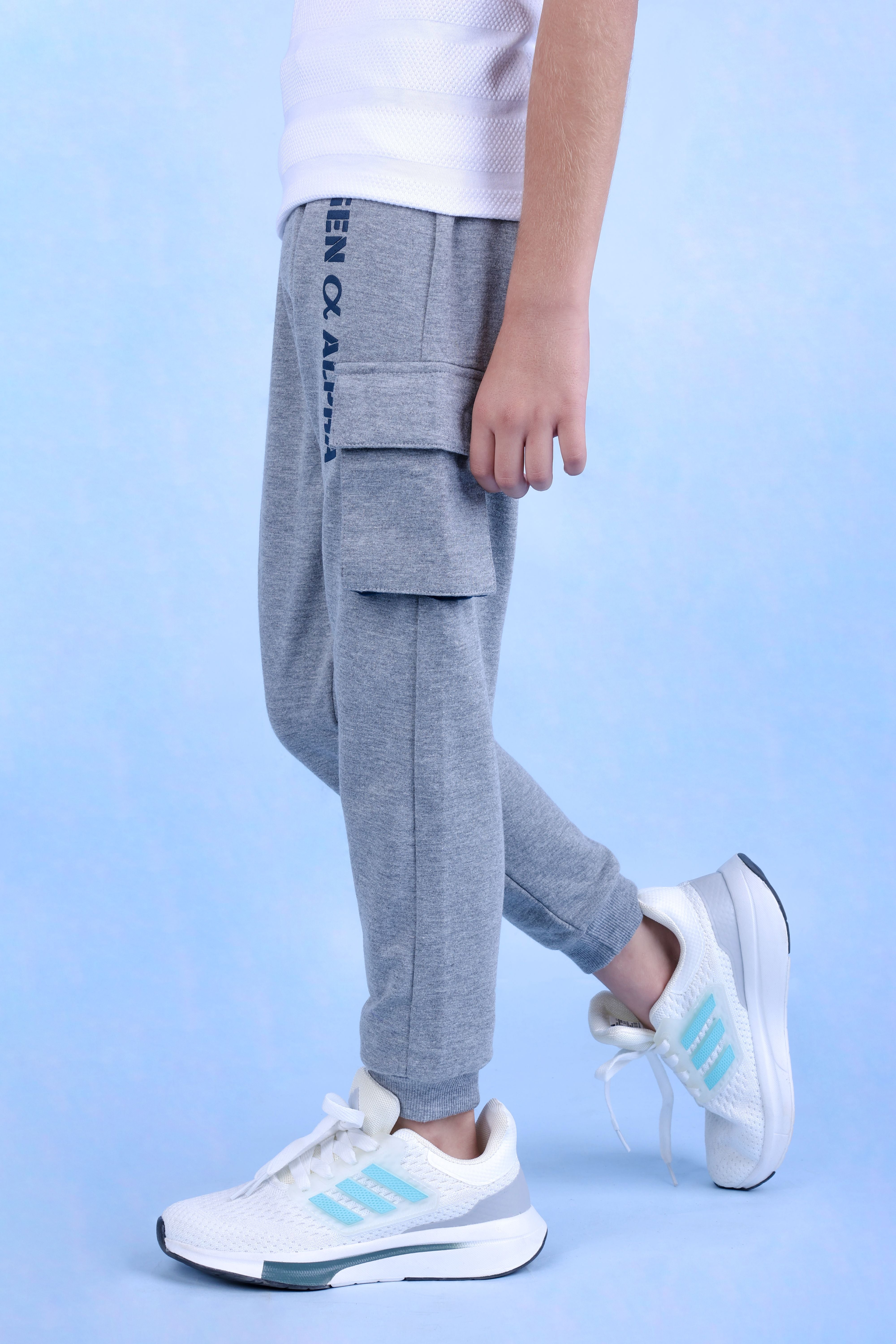 Cotton Looper Full Length Fancy Box Pocketed Gen Alpha Printed Joggers - Grey