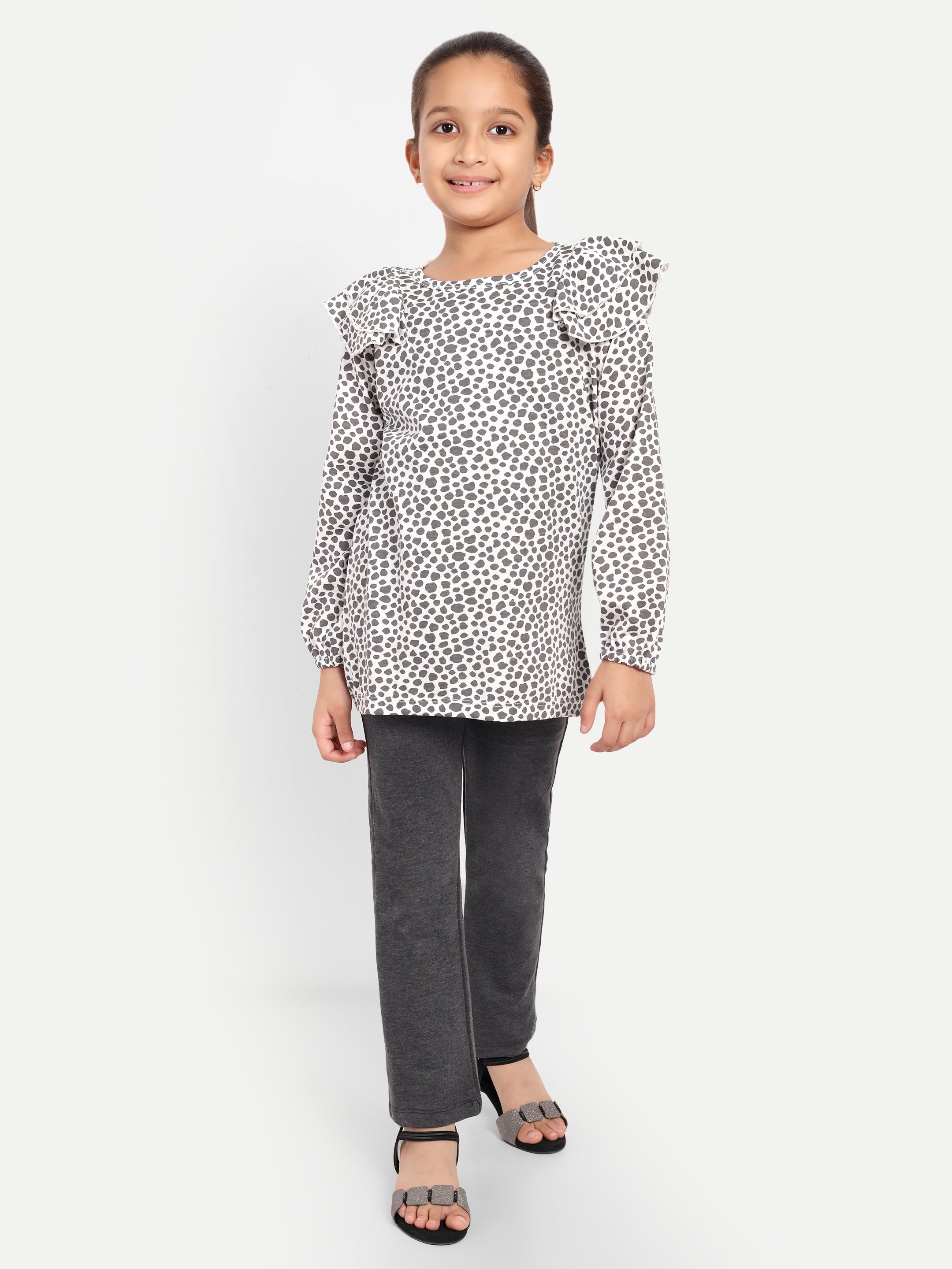 Cotton Knit Full Sleeves Polka Printed Top with Frills and Lounge Pant