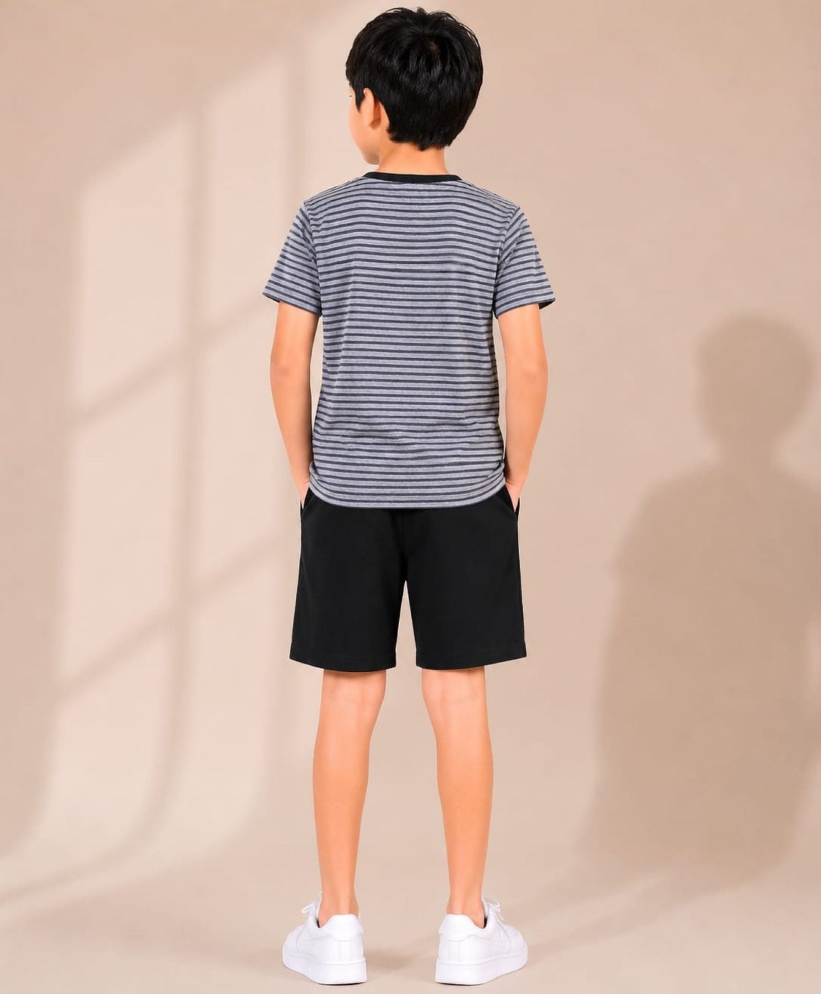 Cotton Knit Lycra Half Sleeves Embroidered Tee and Shorts Set - Grey & Black