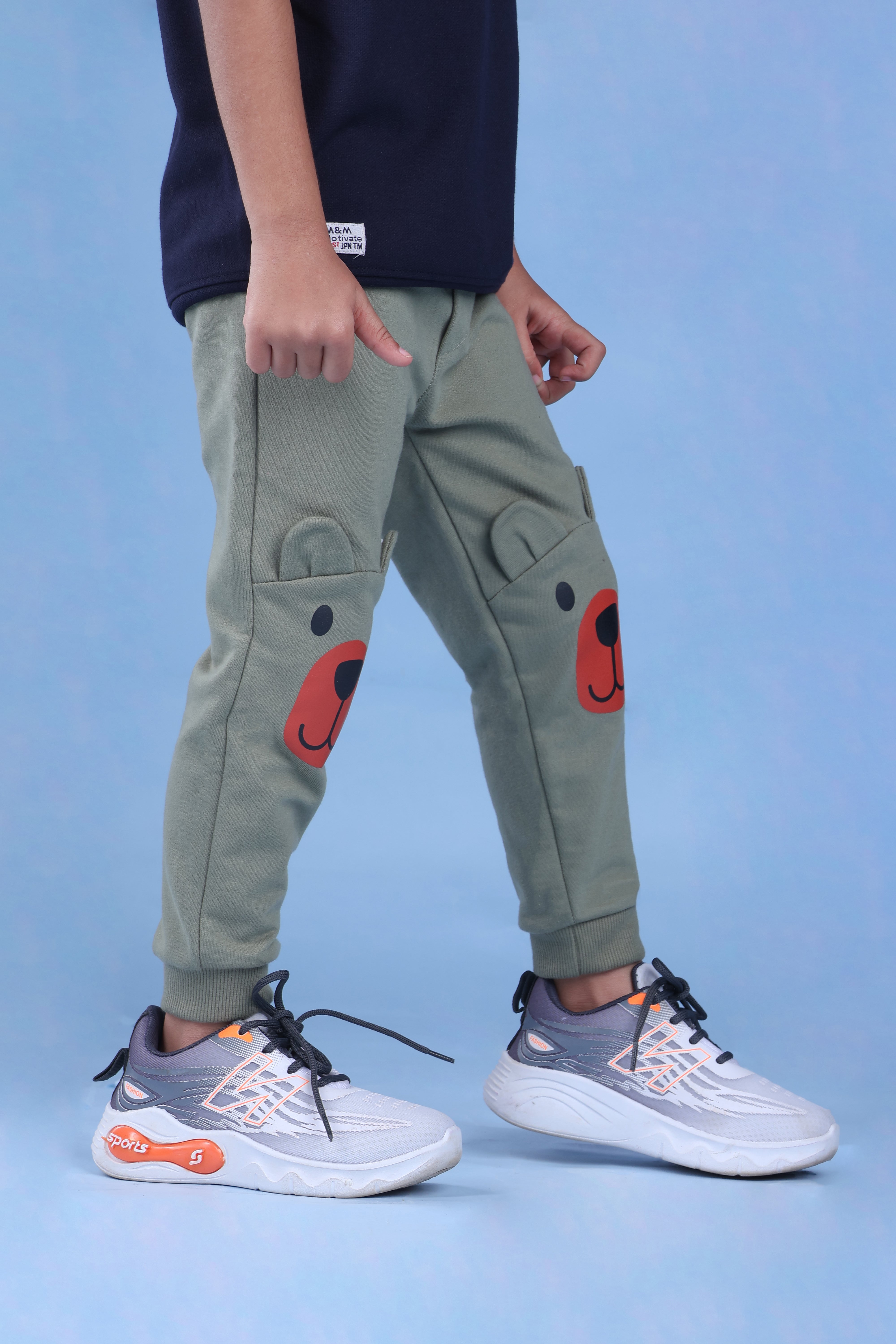 Cotton Loopknit Knee Bear Joggers With Rib And Drawstring - Green
