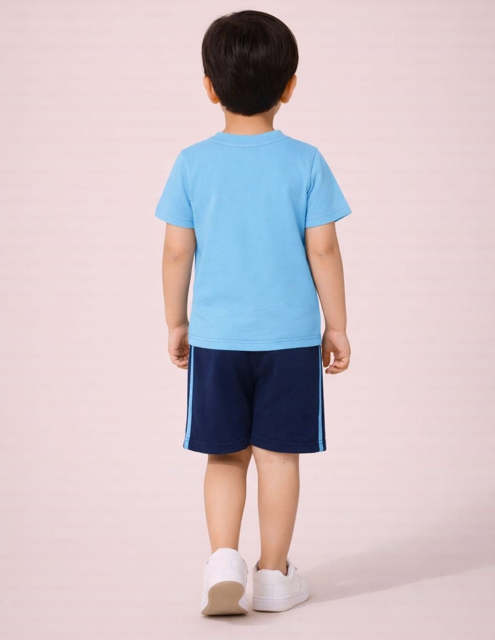 Cotton Lycra Knit Half Sleeves Printed Tee & Shorts Set - Sky Blue & Navy Blue