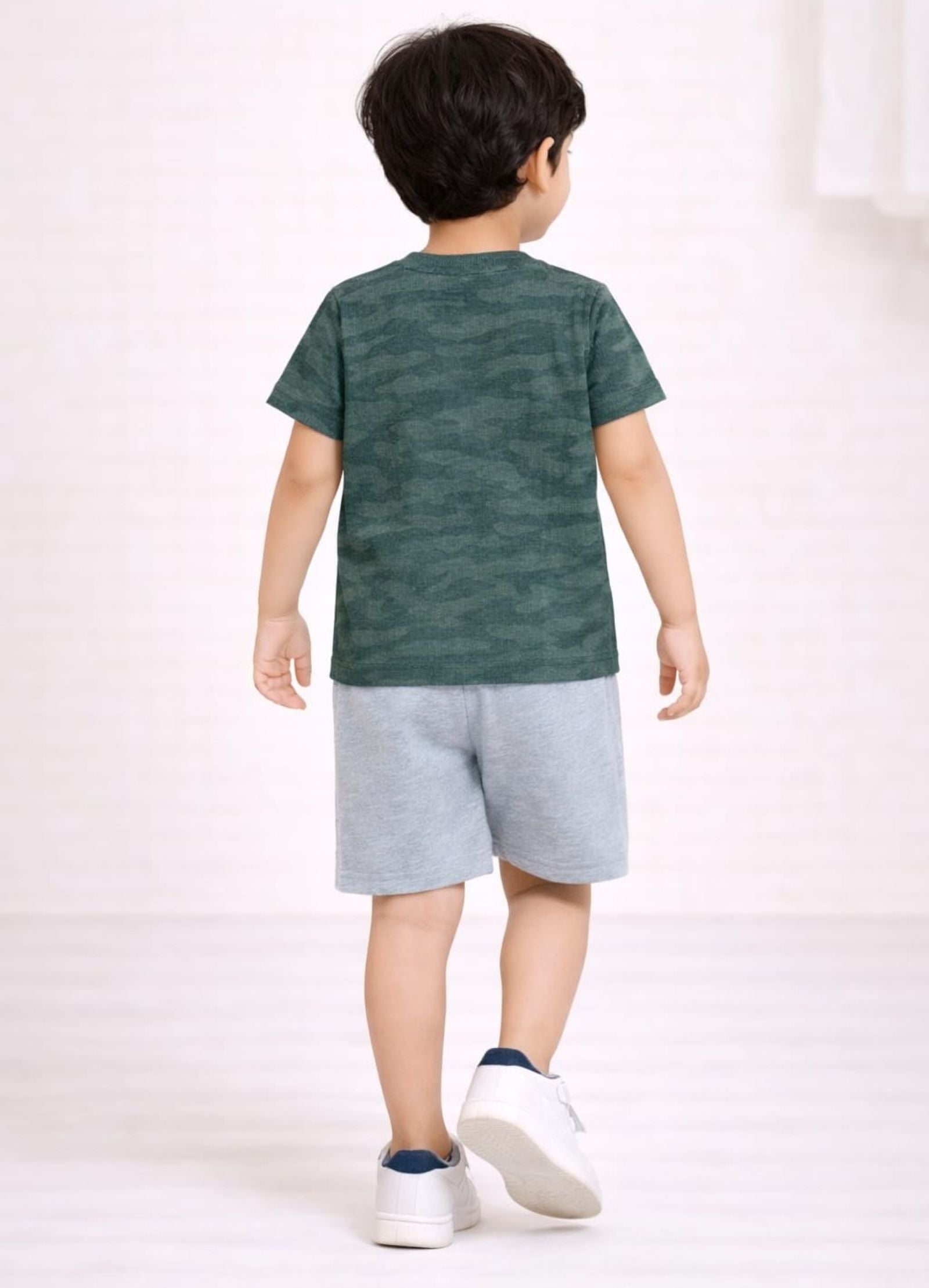 Cotton Lycra Knit Half Sleeves Embroidered Tee & Shorts Set - Green & Grey